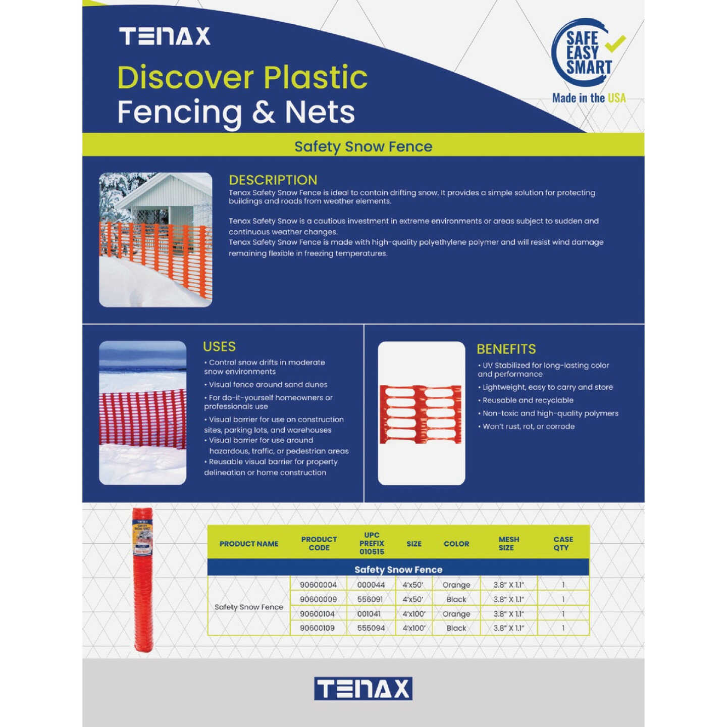 Tenax Saf-T-Sno 4 Ft. H. x 50 Ft. L. Polyethylene Snow Safety Fence, Orange Image 5