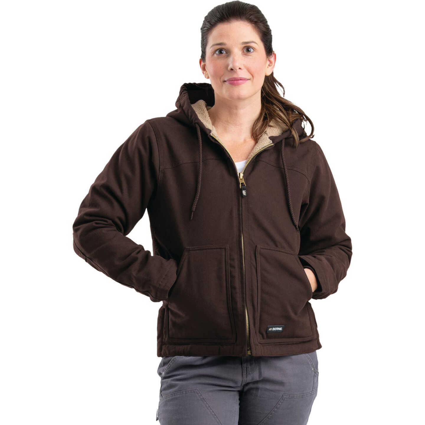 Berne Women's Large Dark Brown Sherpa-Lined Softstone Duck Hooded Jacket Image 1