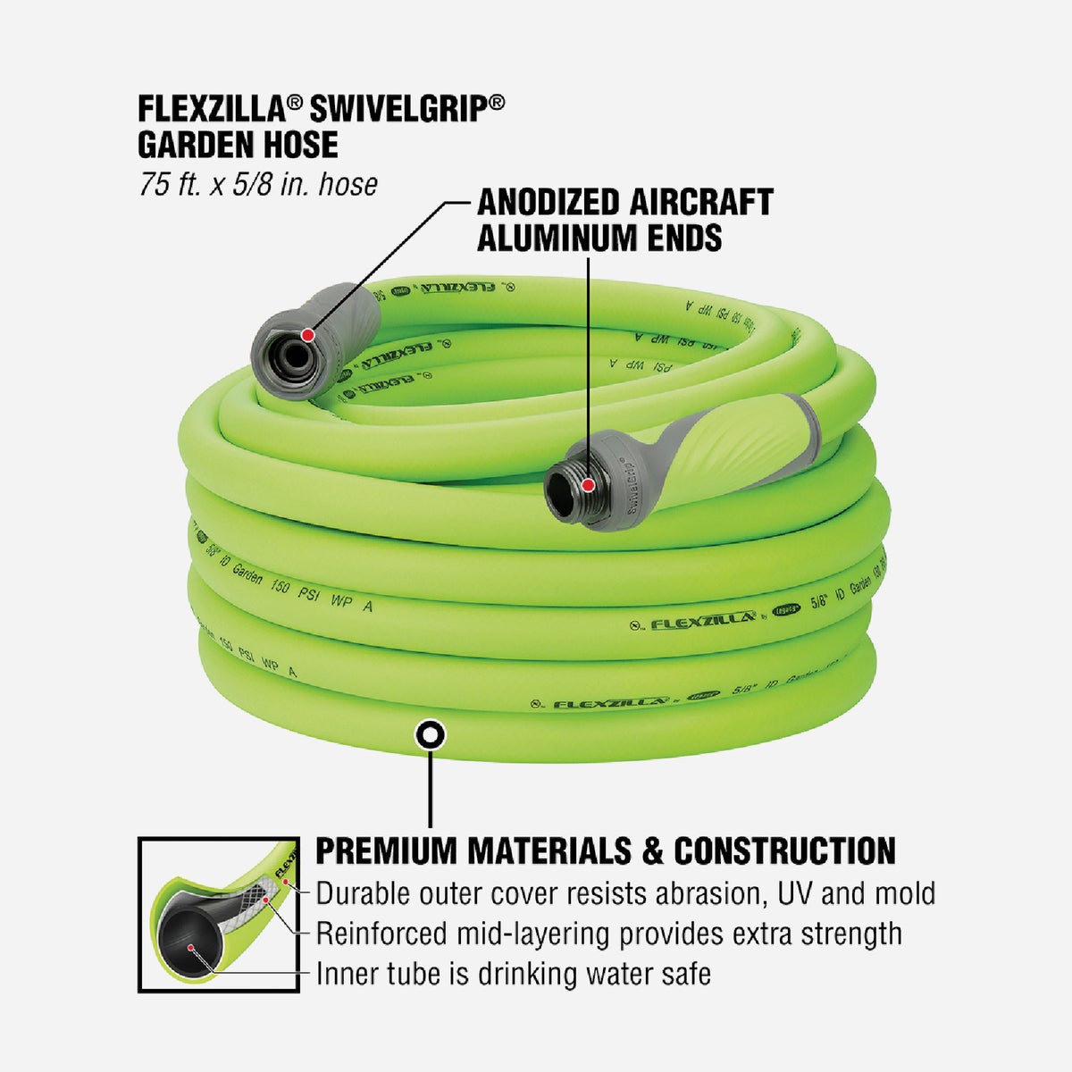 Flexzilla 5/8 In. Dia. x 75 Ft. L. Drinking Water Safe Garden Hose with SwivelGrip Connections Image 3