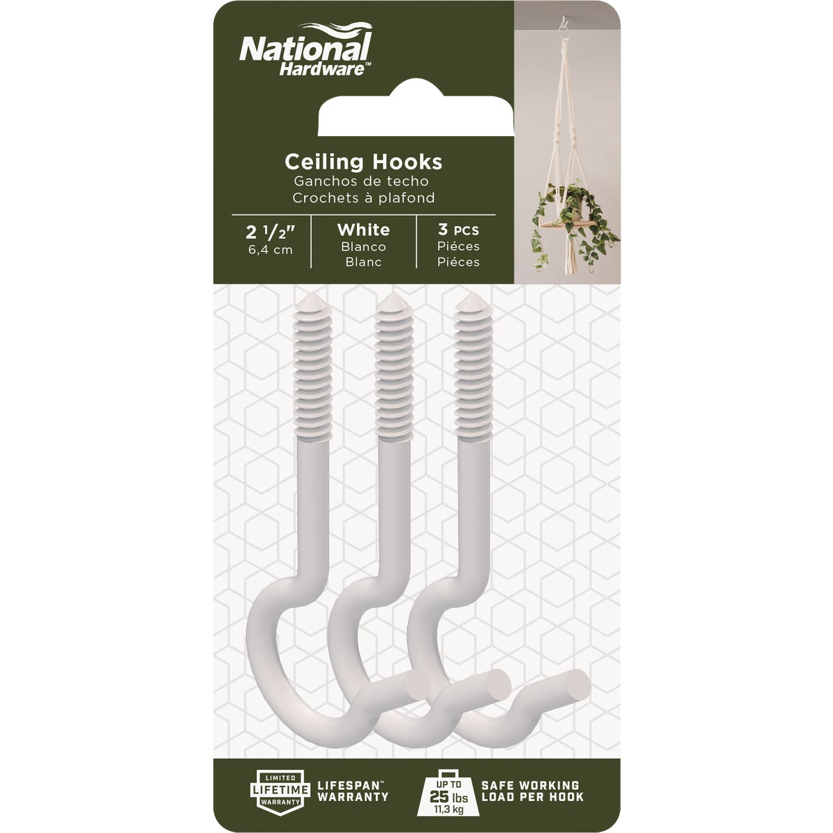 National Hardware 2-1/2 In. White Ceiling Hook (3-Pack) Image 3
