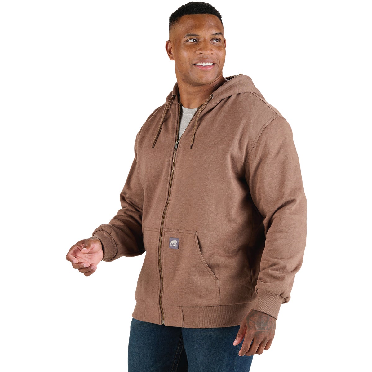 Berne Heritage Grid XL Heathered Driftwood Fleece-Lined Full-Zip Hooded Sweatshirt