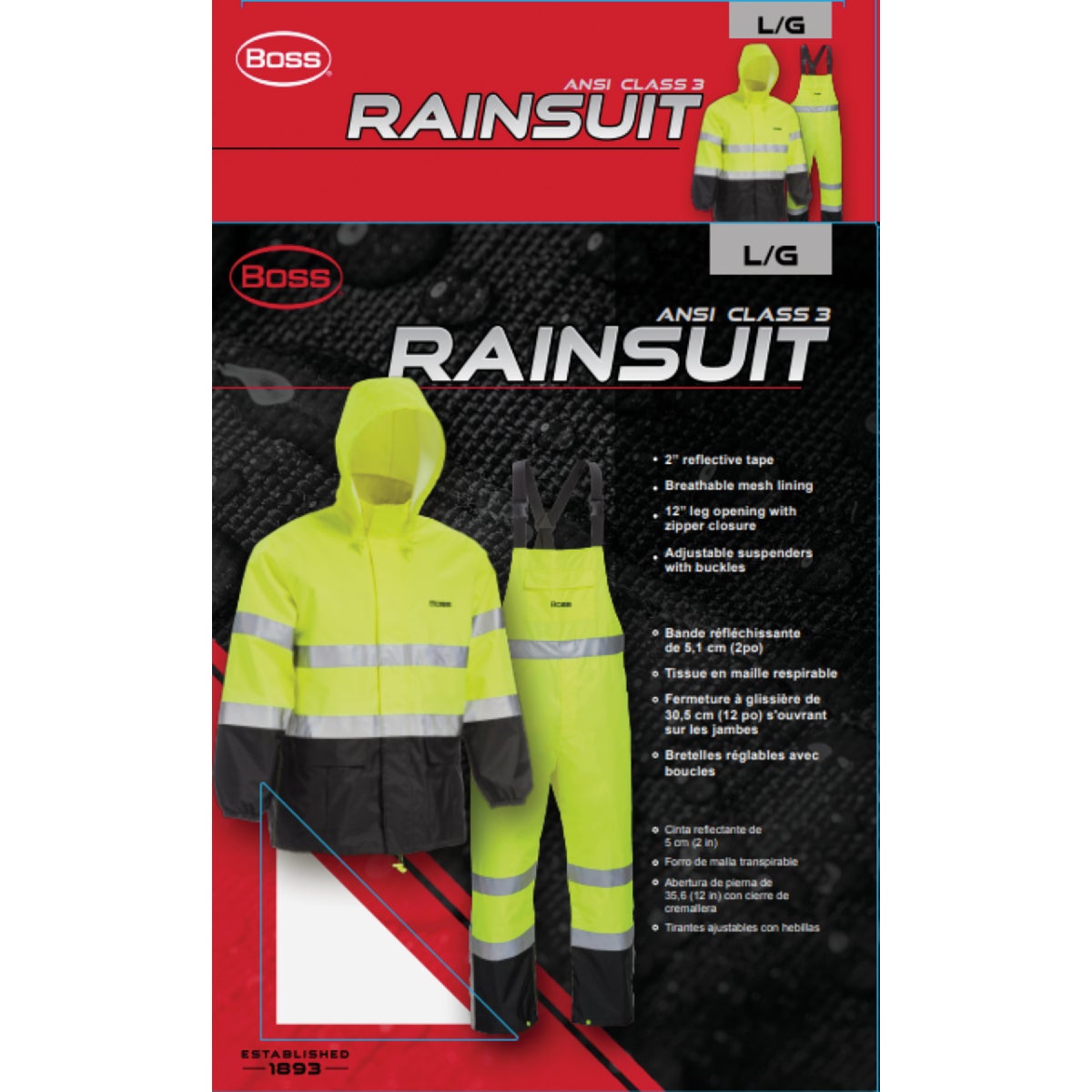 Boss Large 2-Piece ANSI Class 3 Hi-Visibility Rain Suit Image 2