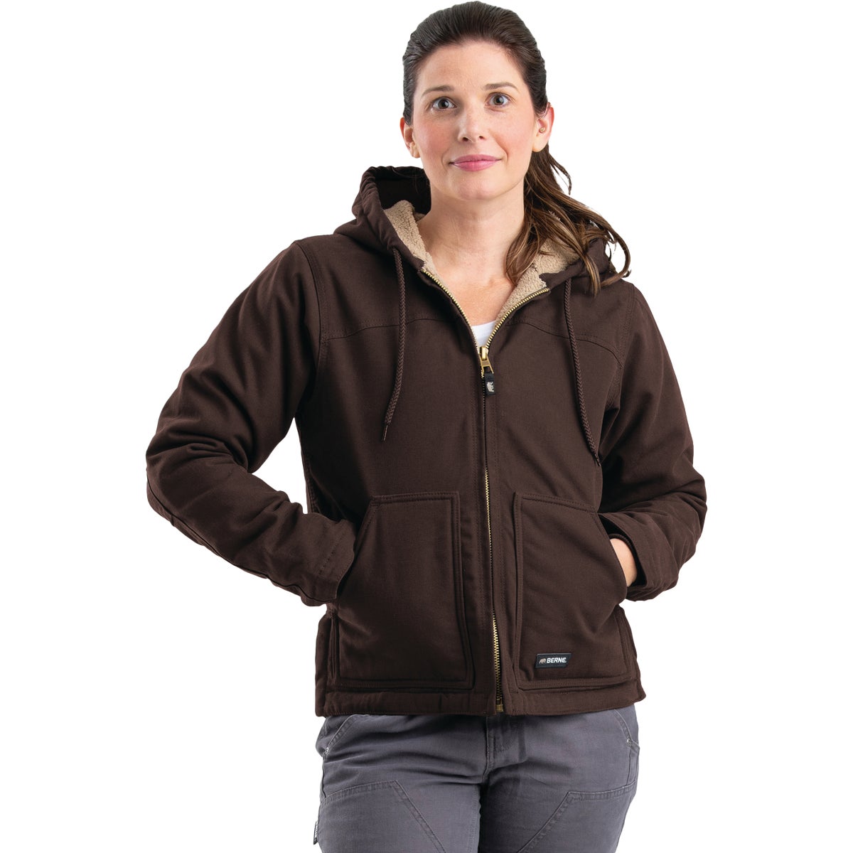 Berne Women's XL Dark Brown Sherpa-Lined Softstone Duck Hooded Jacket