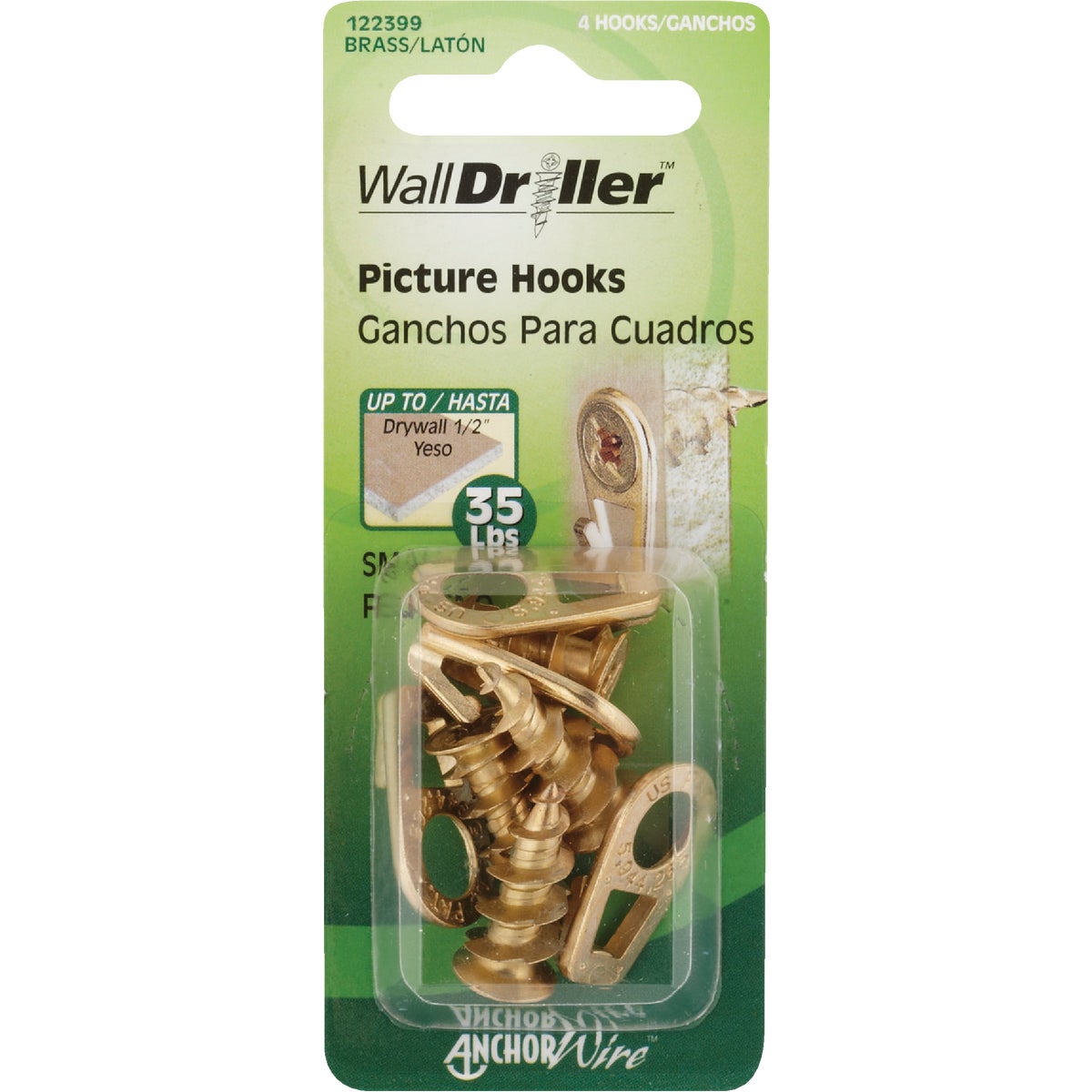 Hillman Anchor Wire 35 Lb. Capacity Brass Self-Drilling Wall Driller Picture Hanger (4 Count) Image 2