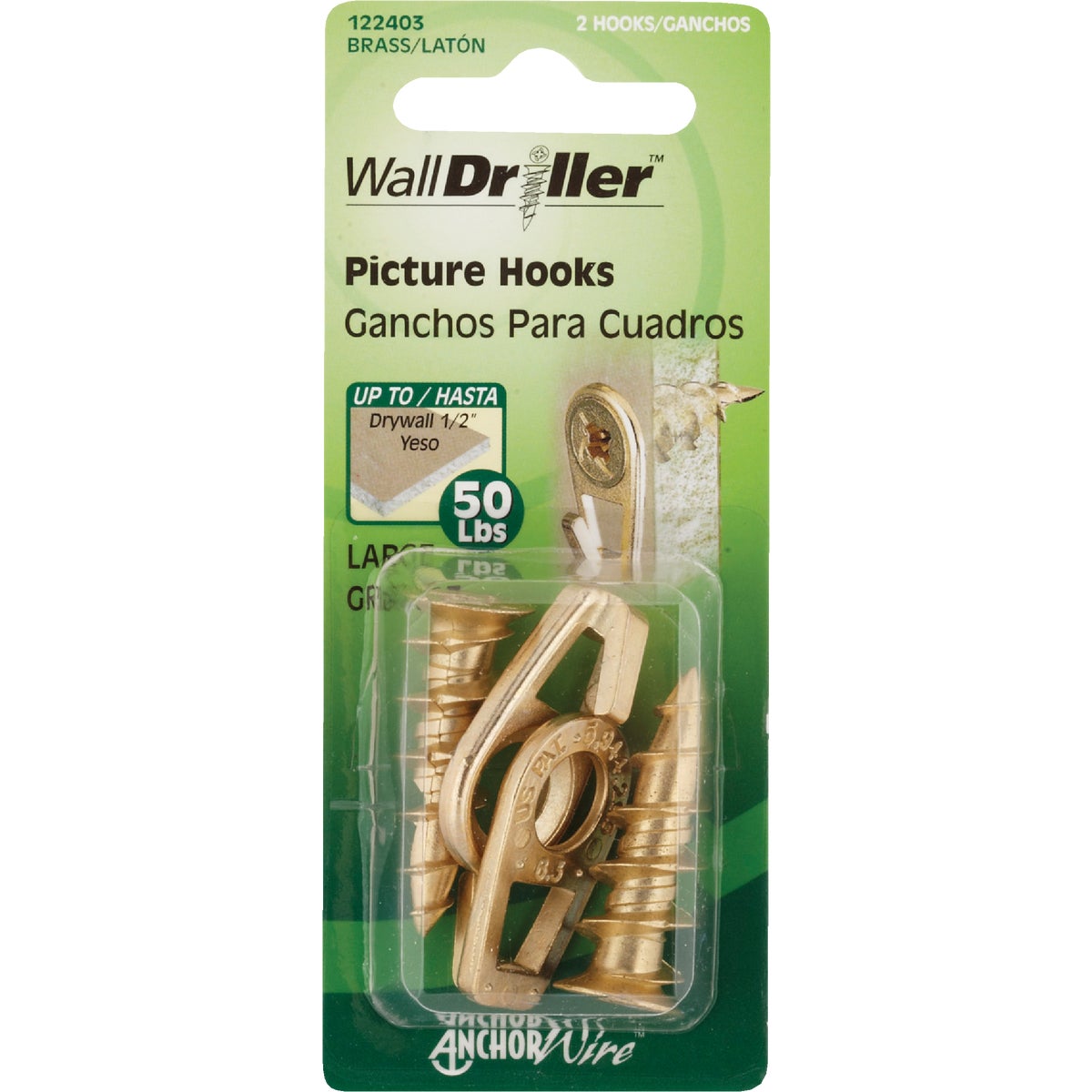 Hillman Anchor Wire 50 Lb. Capacity Brass Self-Drilling Wall Driller Picture Hanger (2 Count) Image 2