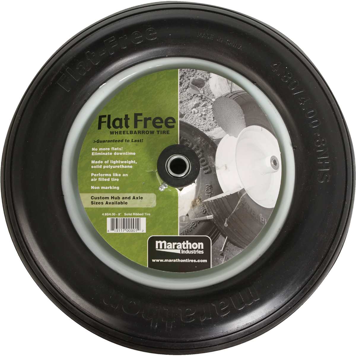 Marathon 16 x 480/400-8 In. Flat Free Wheelbarrow Wheel Image 2