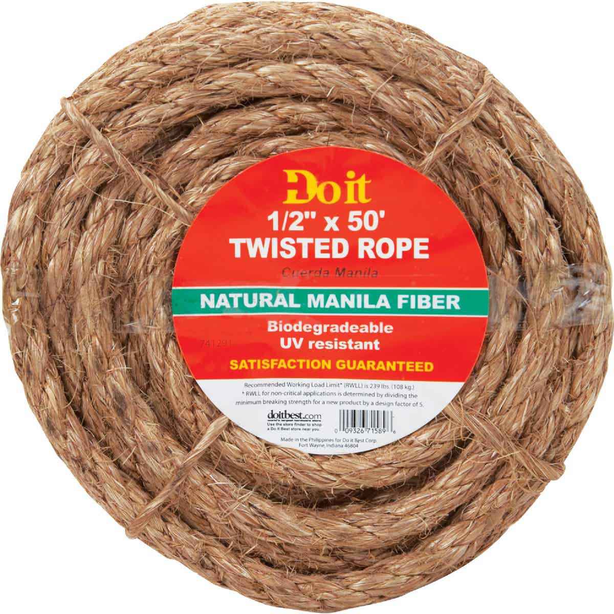 Do it Best 1/2 In. x 50 Ft. Natural Twisted Manila Fiber Packaged Rope