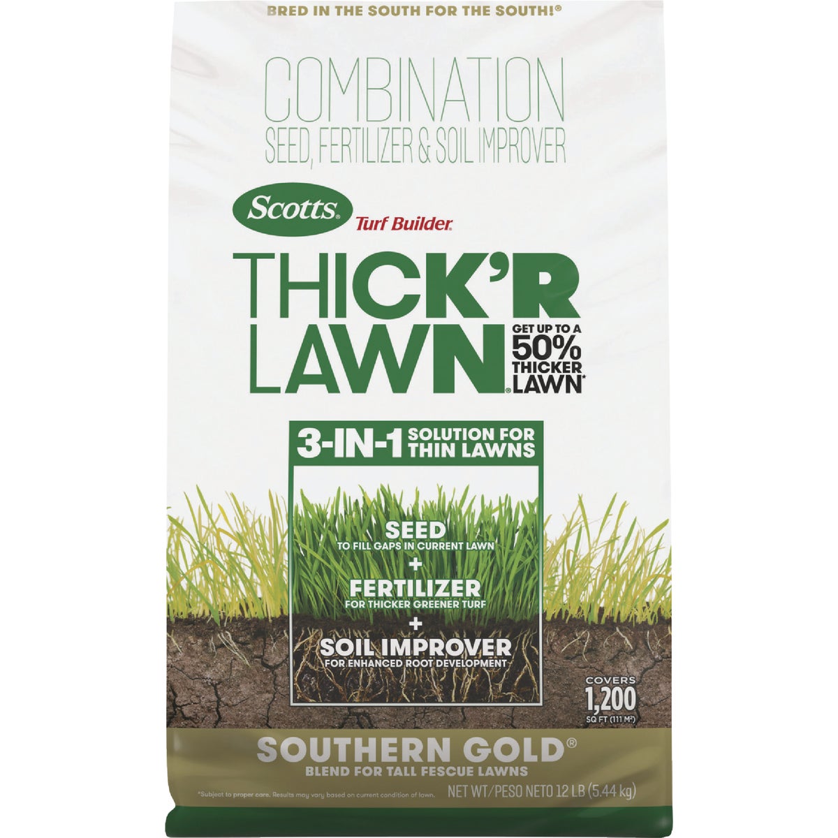 Scotts Turf Builder Thick'R Lawn Southern Gold 12 Lb. 1200 Sq. Ft. Grass Seed, Fertilizer, & Soil Improver Combination
