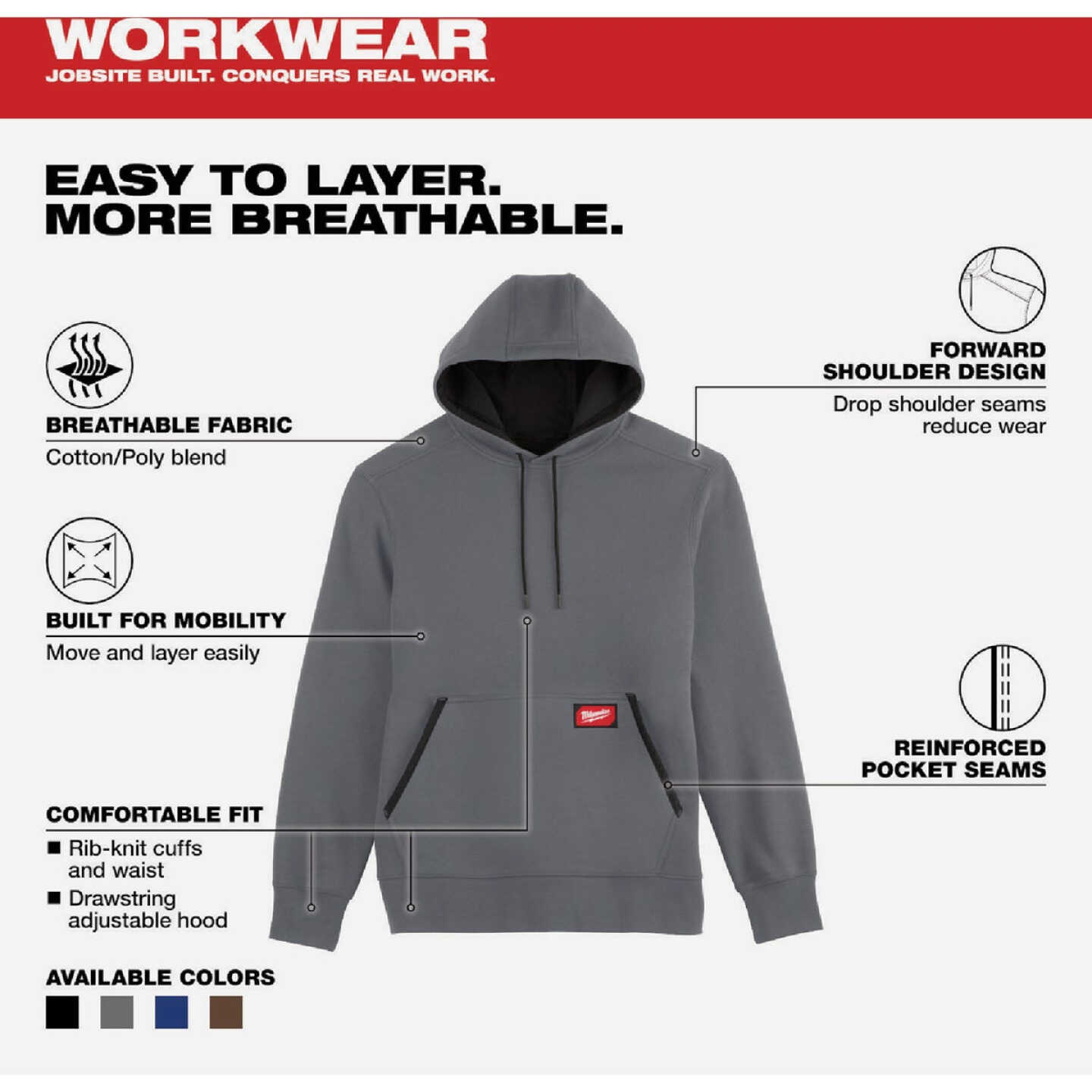 Milwaukee FREEFLEX Medium Gray Midweight Pullover Hooded Sweatshirt Image 4