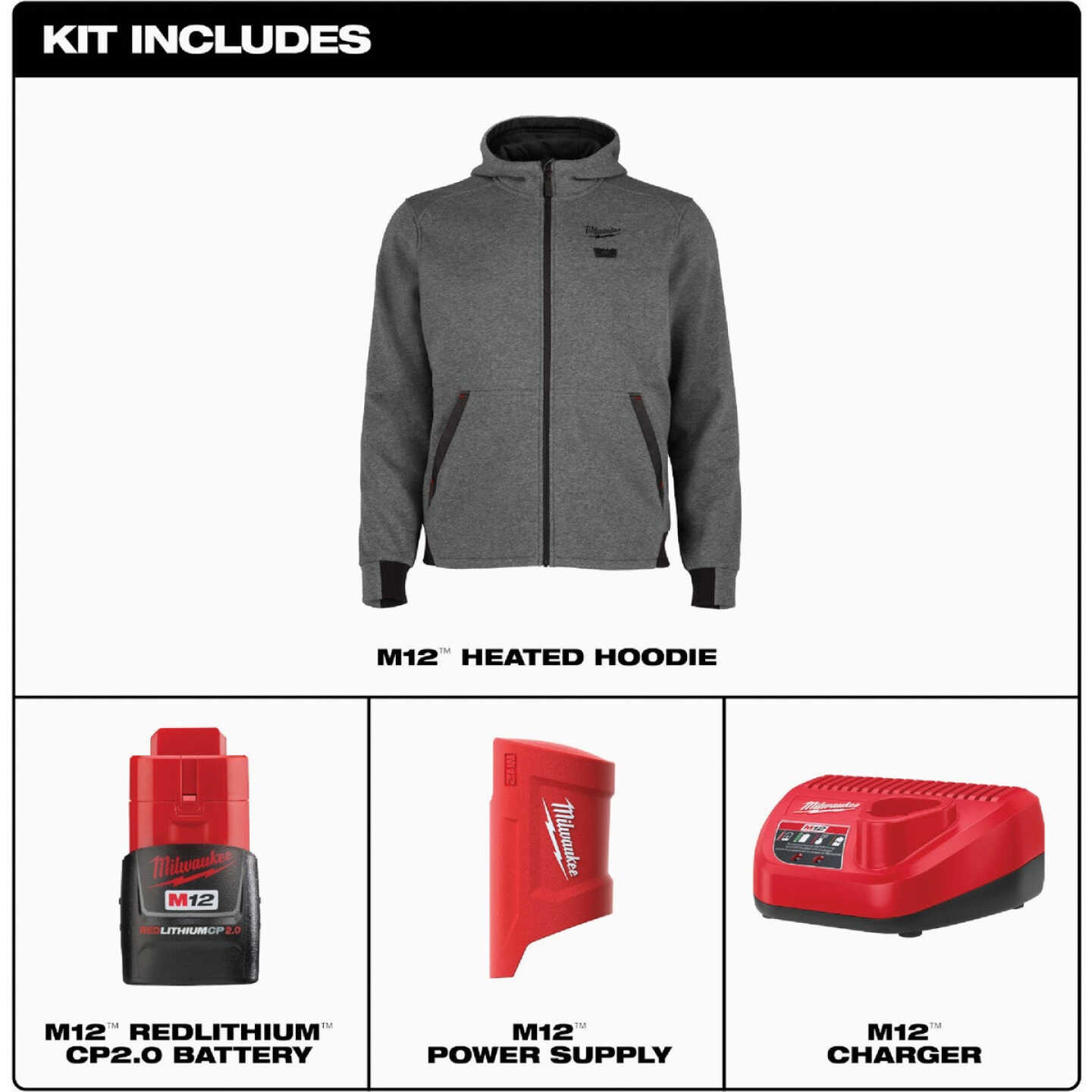 Milwaukee M12 Men's 2X Gray Full-Zip Heated Hoodie Kit Image 6