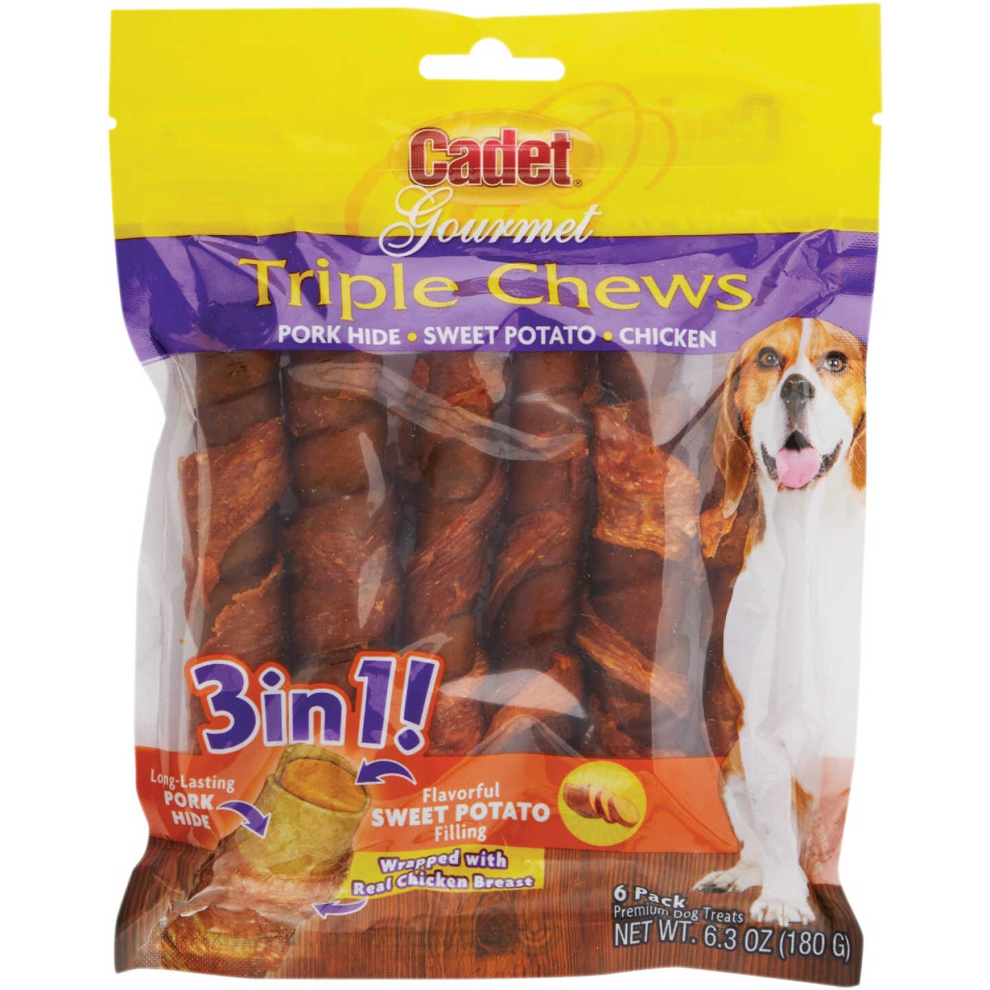 Cadet Chicken & Sweet Potato Gourmet Triple Chews Pork Hide Twists (6-Pack) Image 1