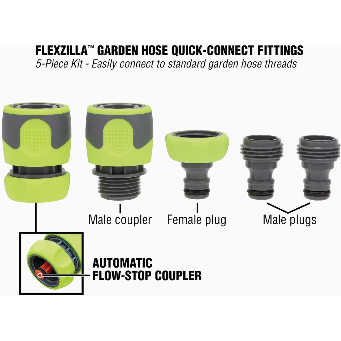 Flexzilla Standard Garden Hose Quick-Connect Coupler & Plug Kit, ZillaGreen (5-Piece) Image 3