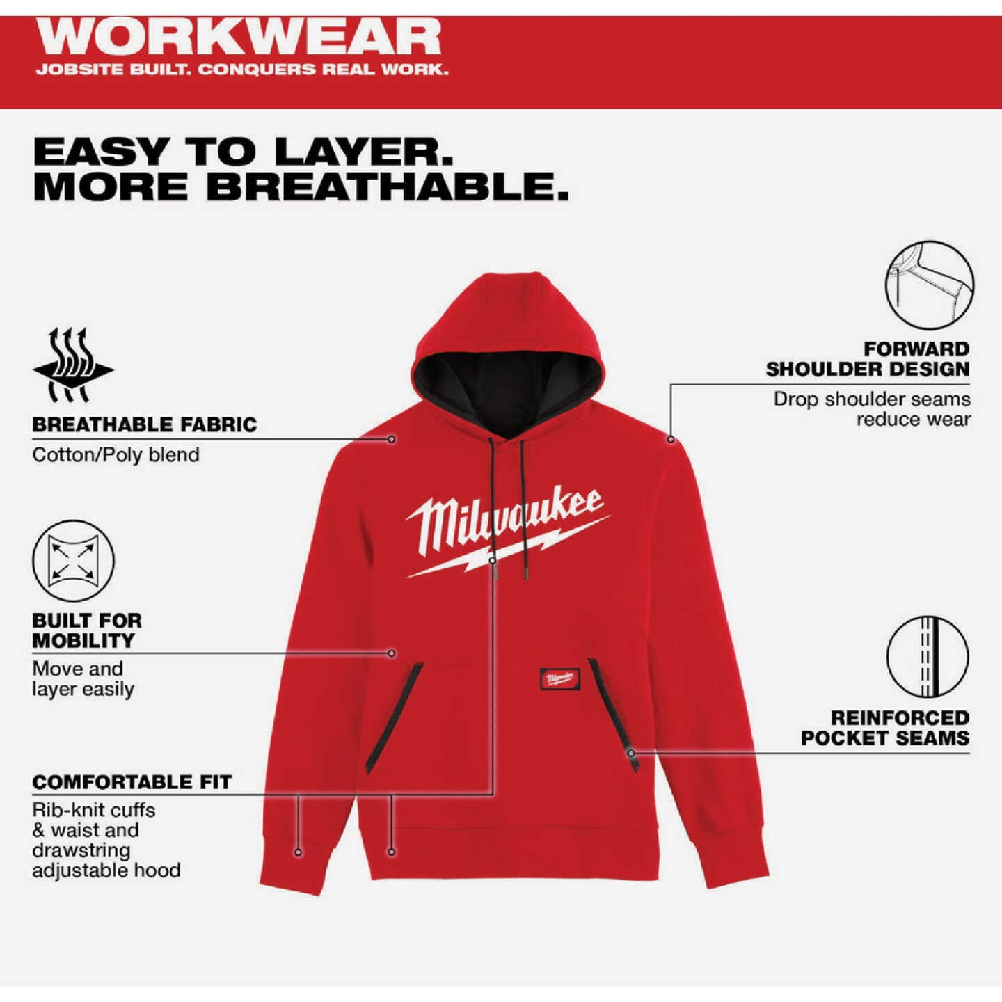 Milwaukee FREEFLEX XL Red Midweight Pullover Hooded Sweatshirt Image 3