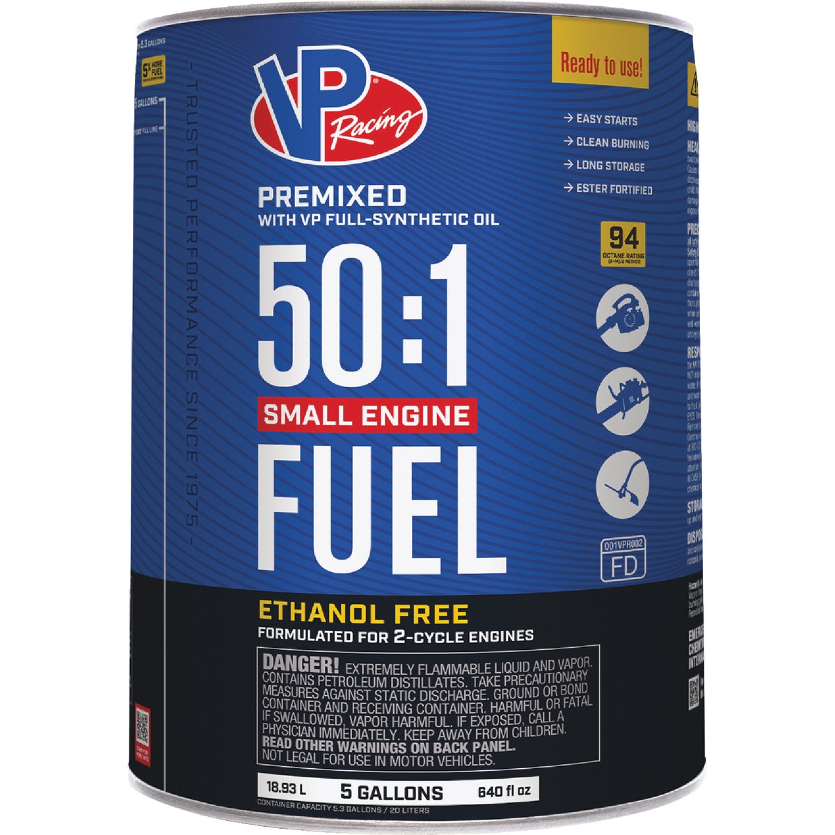VP Racing Fuels 5 Gal. 50:1 Ethanol-Free Gas & Oil Pre-Mix