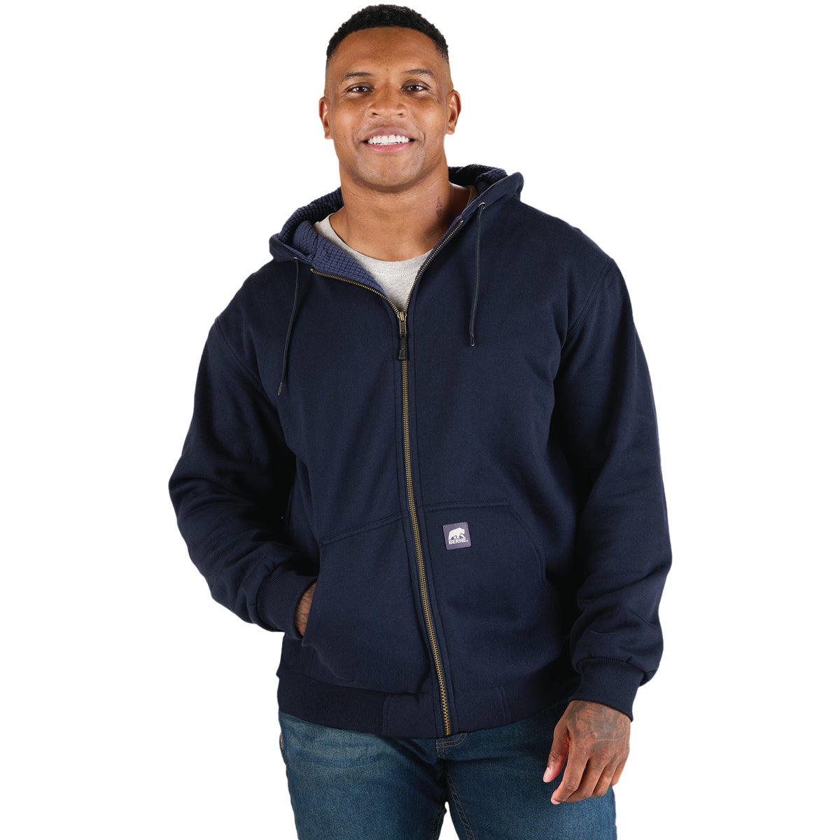 Berne Heritage Grid 2XL Navy Fleece-Lined Full-Zip Hooded Sweatshirt