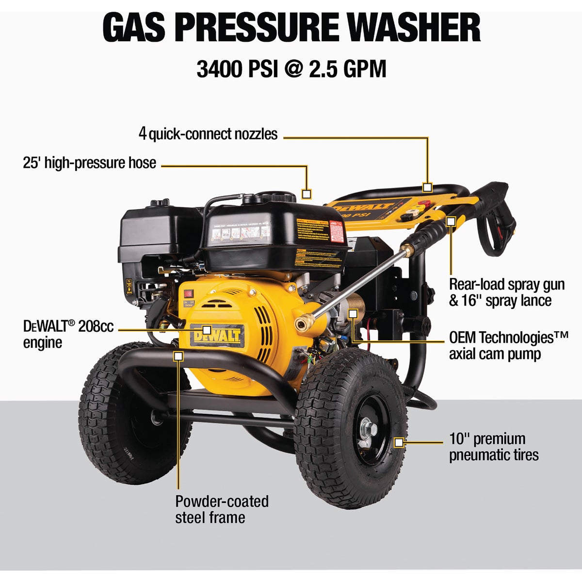 DEWALT 3400 PSI 2.5 GPM Gas Cold Water Pressure Washer with Manual Recoil + E-Start Engine Image 2