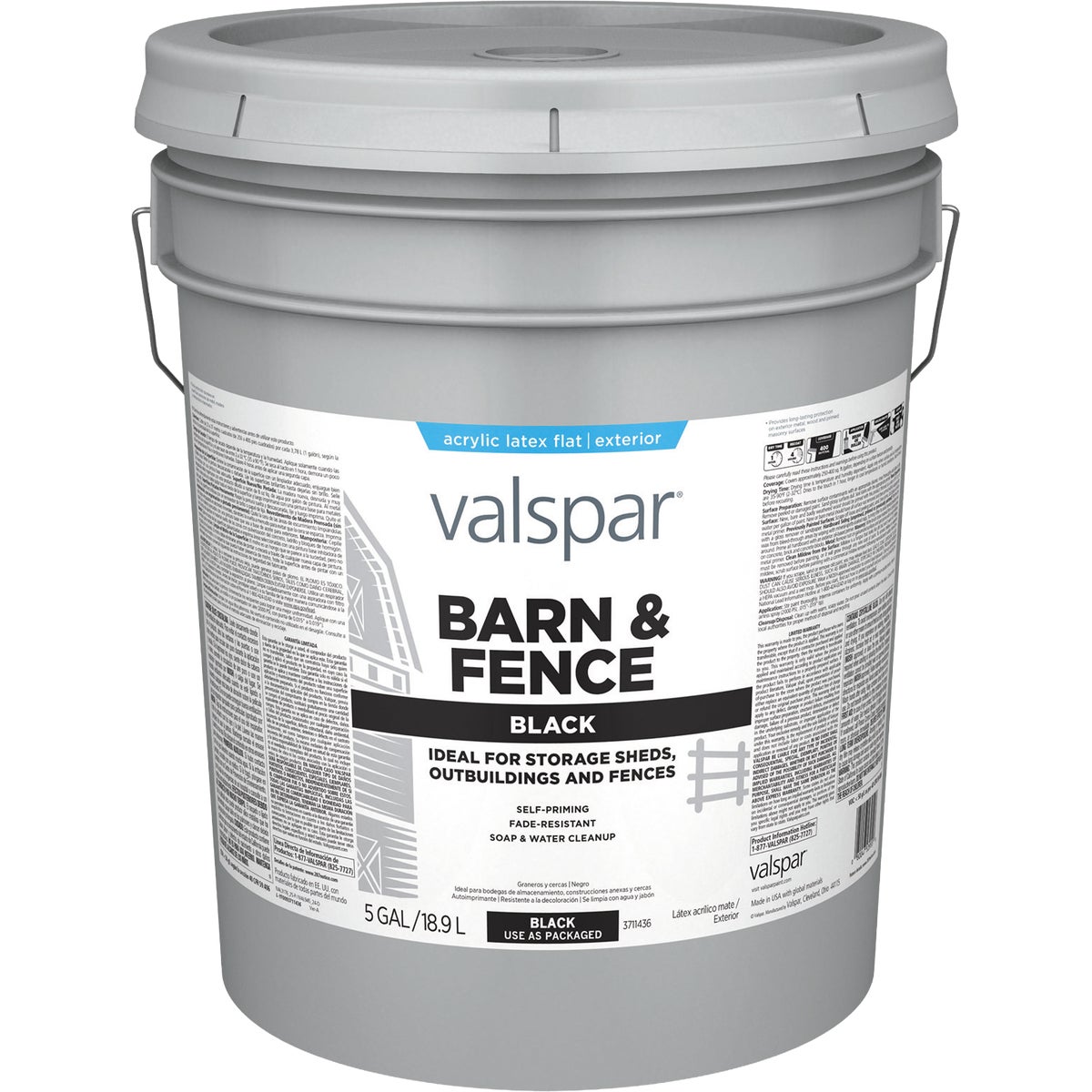 Valspar Barn & Fence Latex Flat Paint, Black, 5 Gal.