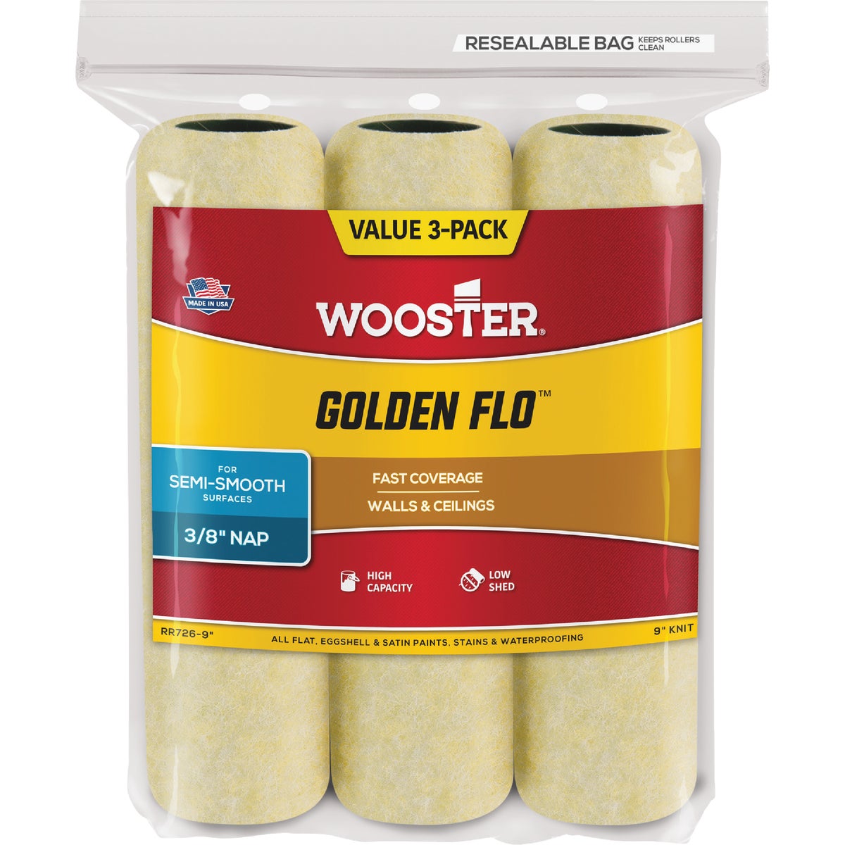 Wooster Golden Flo 9 In. x 3/8 In. Knit Fabric Roller Cover (3-Pack) Image 1