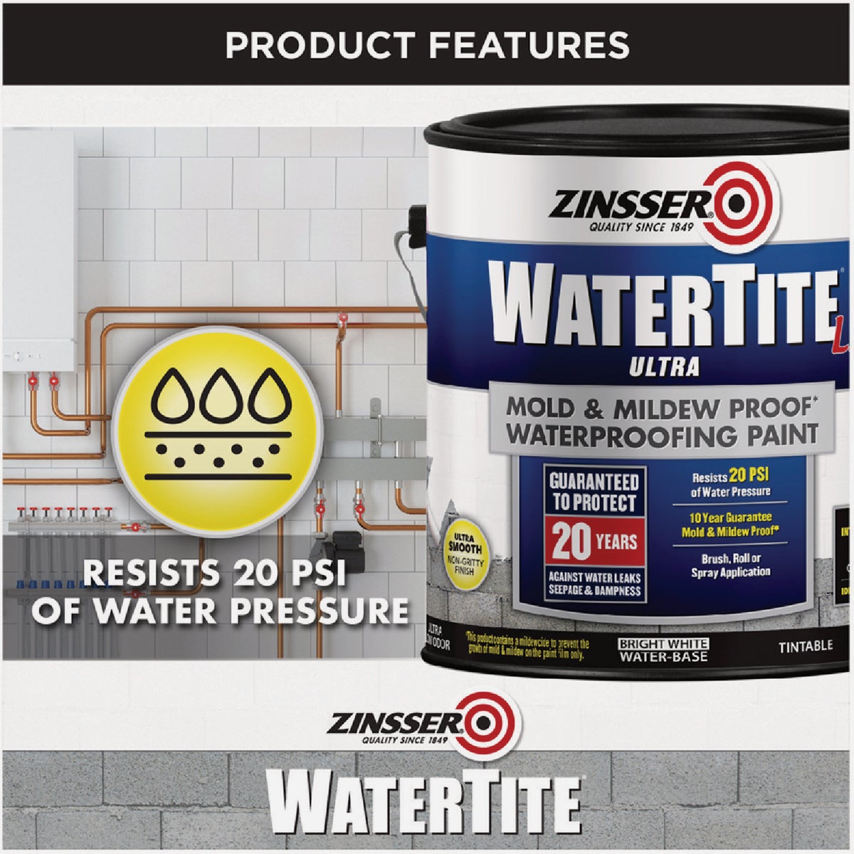 Zinsser WaterTite LX Ultra 5 Gal. Mold & Mildew Proof Waterproofing Paint Image 3