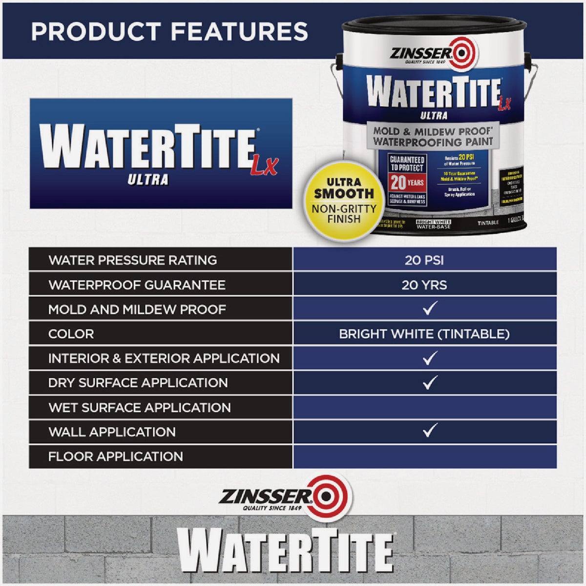 Zinsser WaterTite LX Ultra 5 Gal. Mold & Mildew Proof Waterproofing Paint Image 2