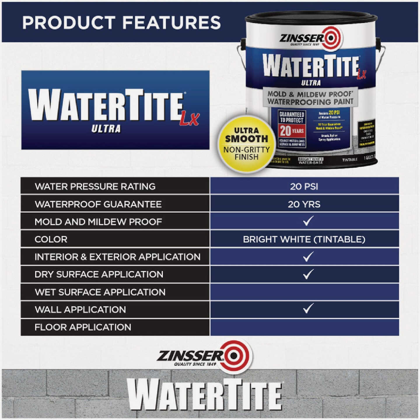 Zinsser WaterTite LX Ultra 5 Gal. Mold & Mildew Proof Waterproofing Paint Image 2