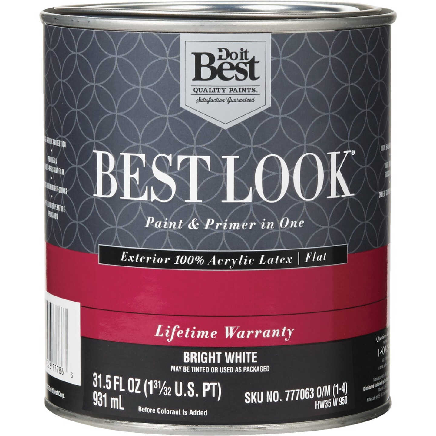 Best Look 100% Acrylic Latex Premium Paint & Primer In One Flat Exterior House Paint, Bright White, 1 Qt. Image 1