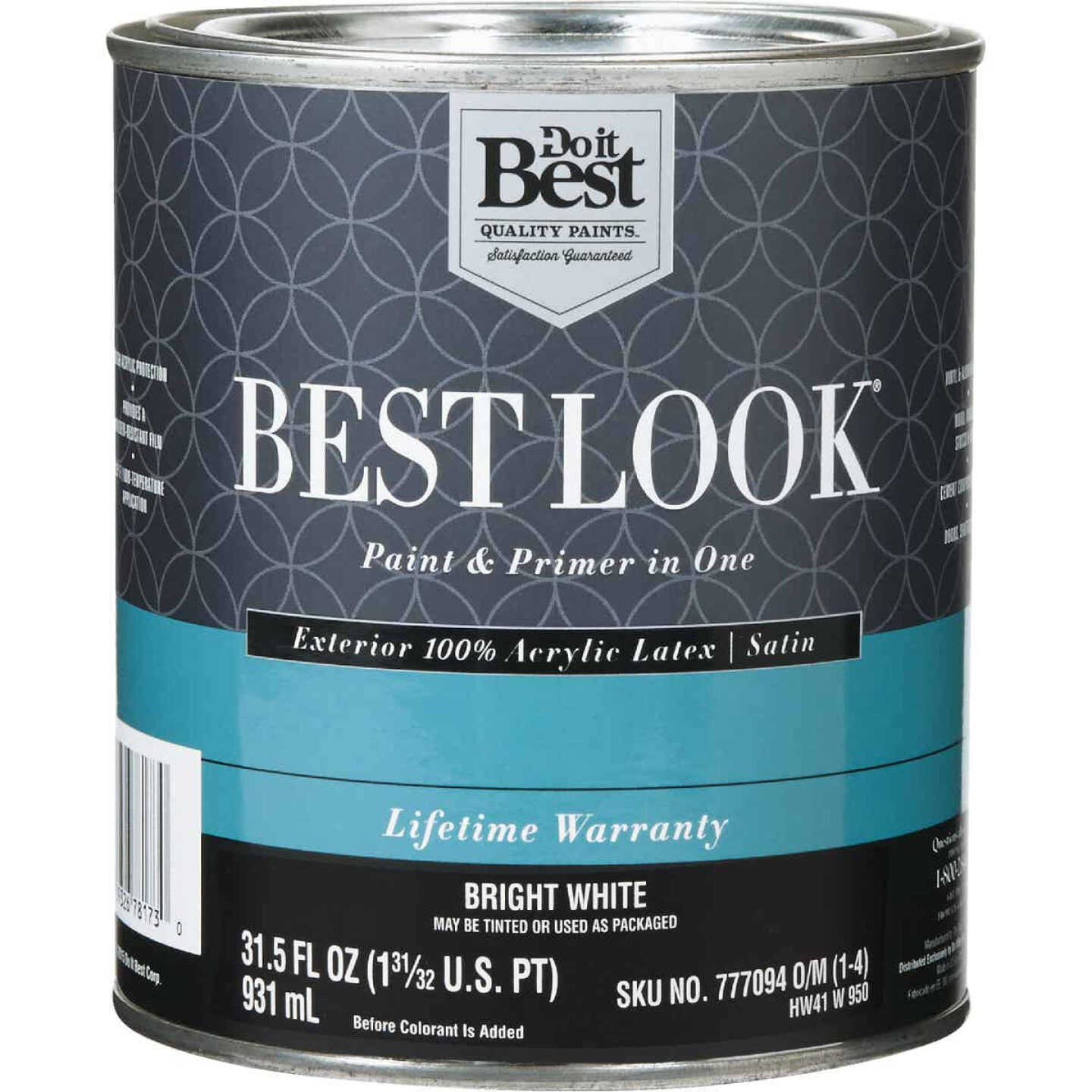 Best Look 100% Acrylic Latex Premium Paint & Primer In One Satin Exterior House Paint, Bright White, 1 Qt. Image 1
