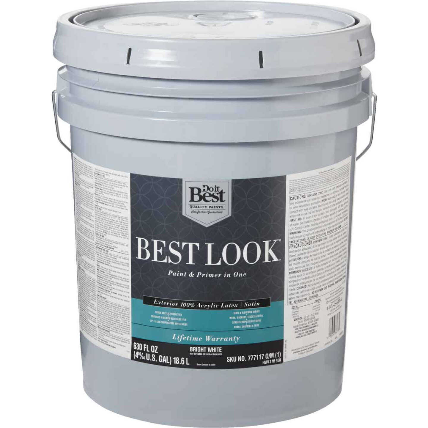 Best Look 100% Acrylic Latex Premium Paint & Primer In One Satin Exterior House Paint, Bright White, 5 Gal. Image 1