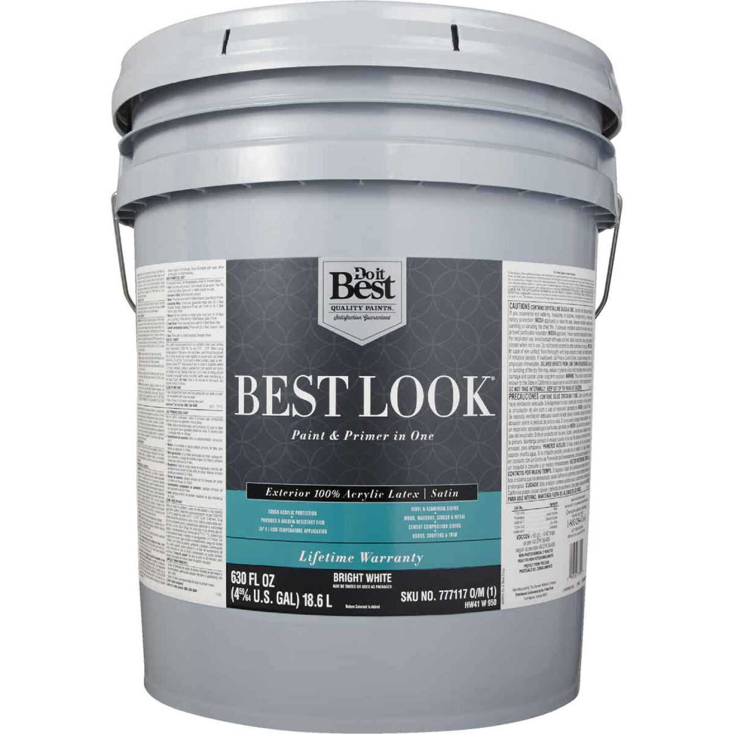 Best Look 100% Acrylic Latex Premium Paint & Primer In One Satin Exterior House Paint, Bright White, 5 Gal. Image 2