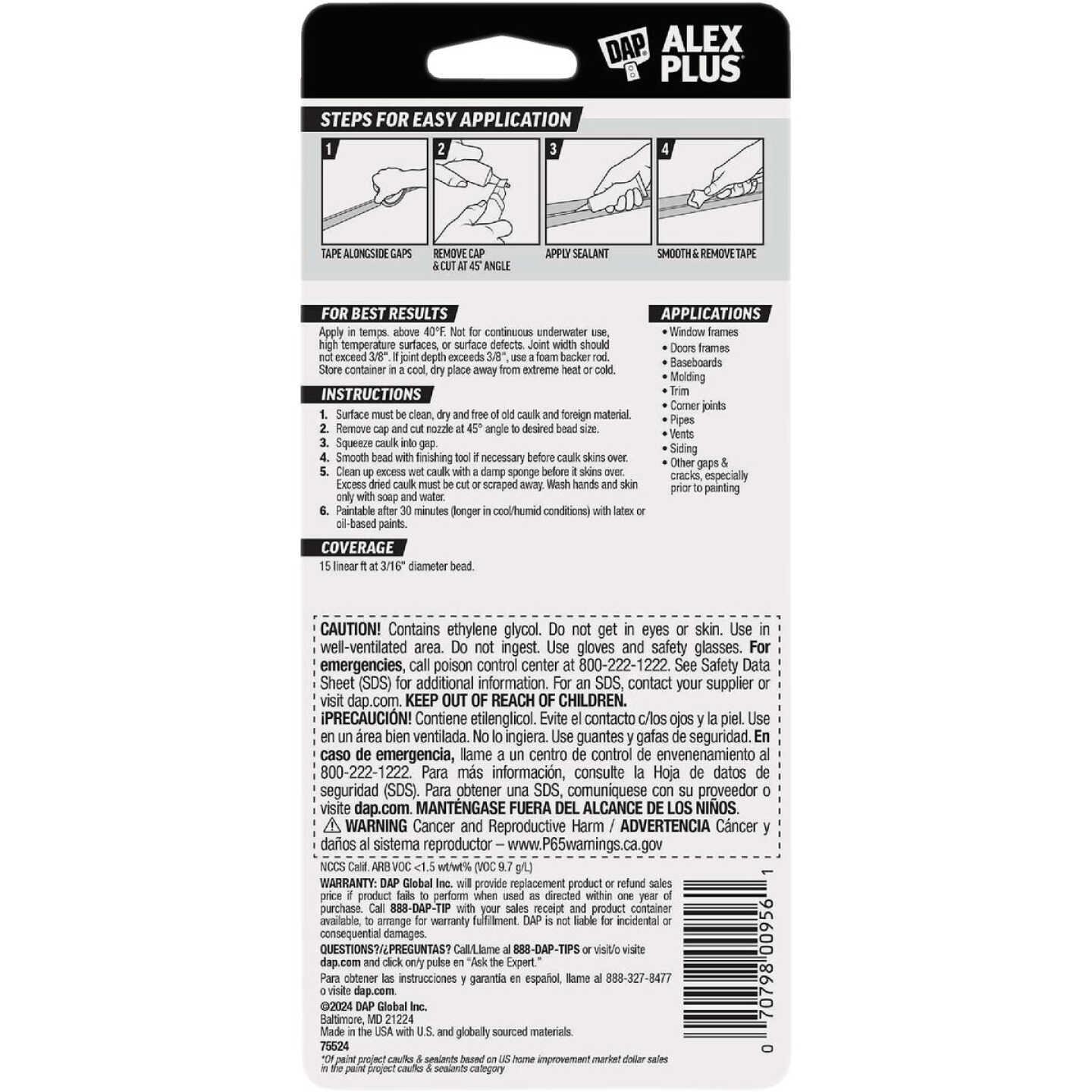 DAP Alex Plus 2.8 Oz. All-Purpose White Siliconized Acrylic Latex Caulk Image 9