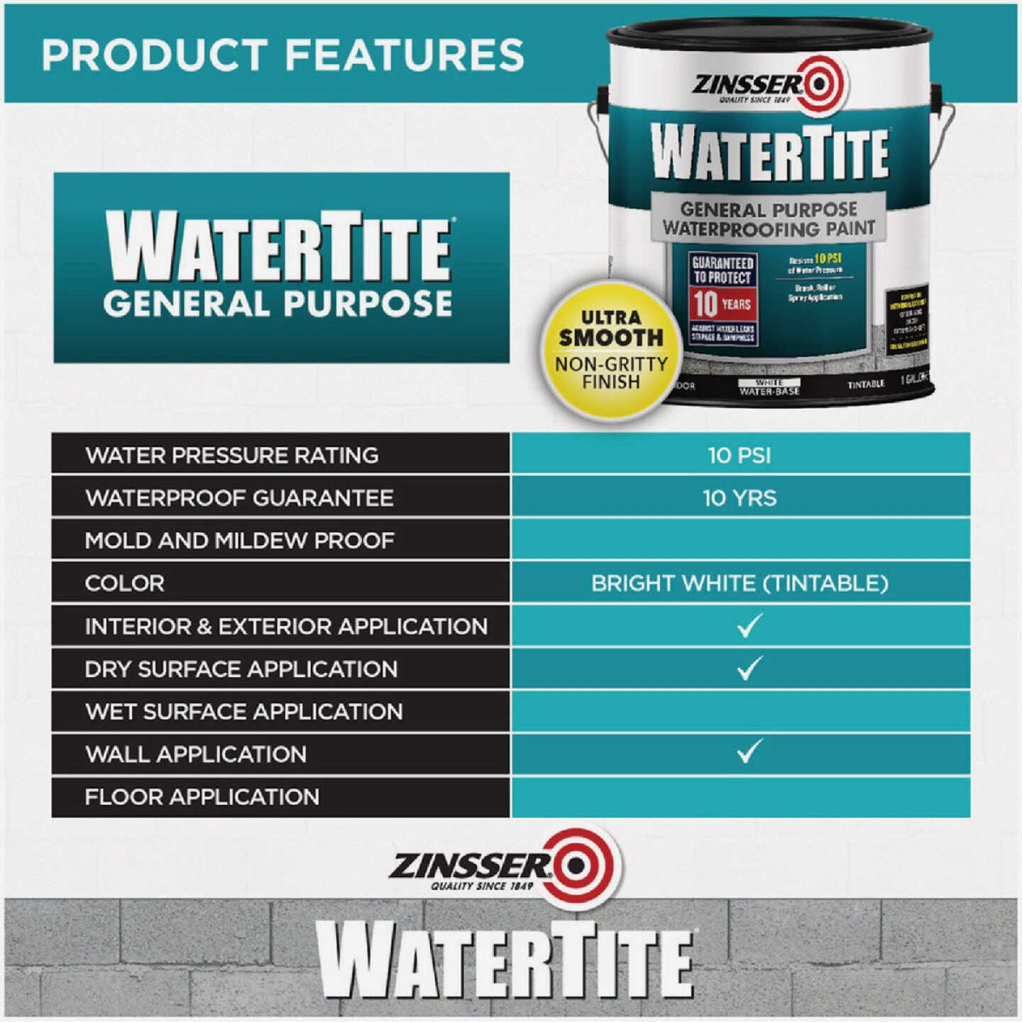 Zinsser WaterTite White General Purpose Waterproofing Paint, 1 Gal. Image 2