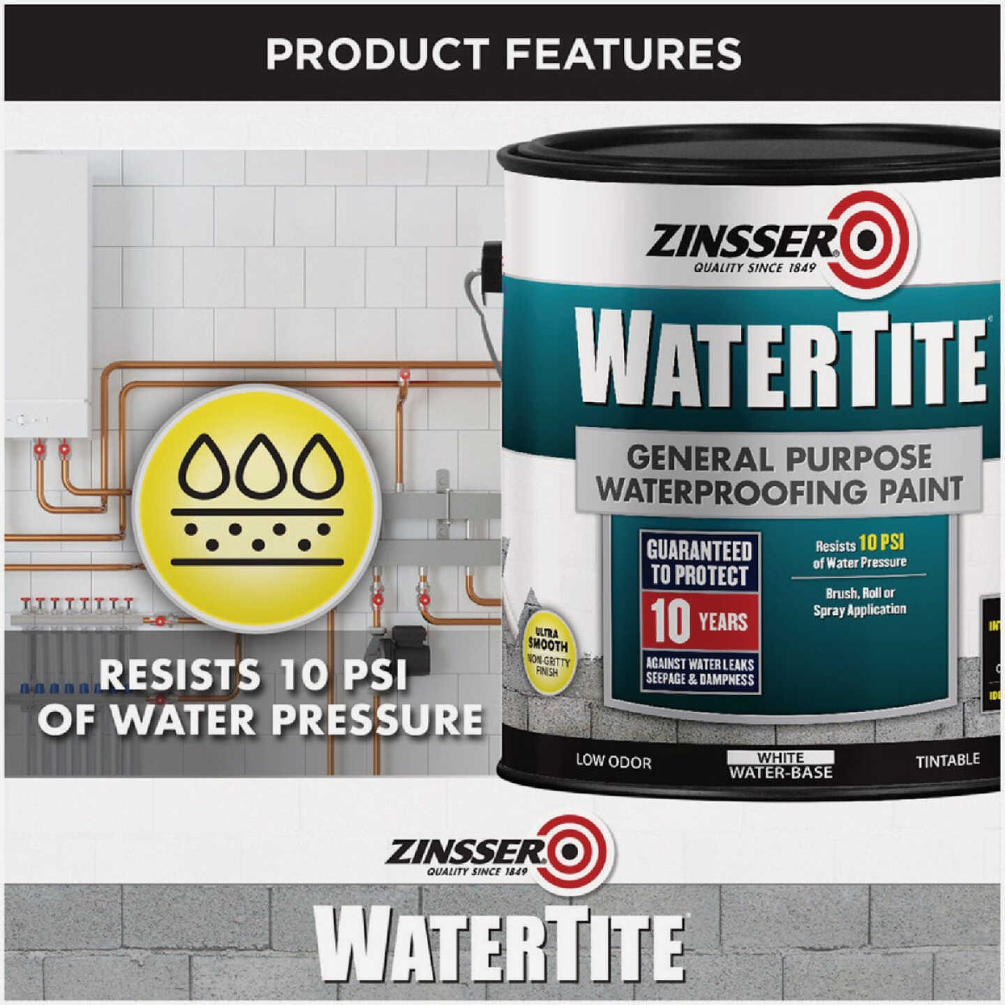 Zinsser WaterTite White General Purpose Waterproofing Paint, 5 Gal. Image 4