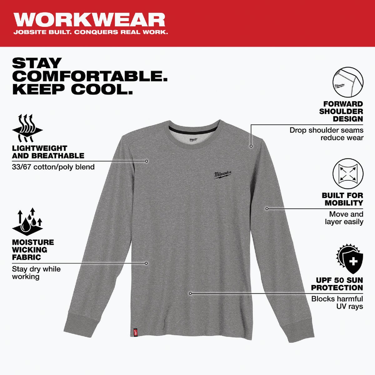 Milwaukee XL Gray Long Sleeve Unisex Hybrid Work Shirt Image 2