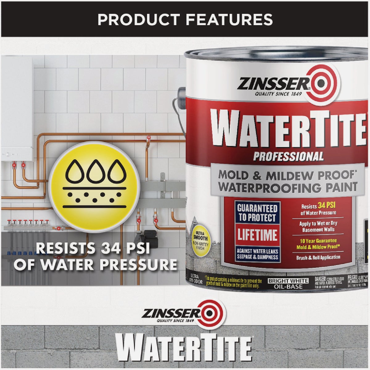 Zinsser WaterTite Professional Bright White Mold and Mildew-Proof Waterproofing Paint, 1 Gal. Image 4