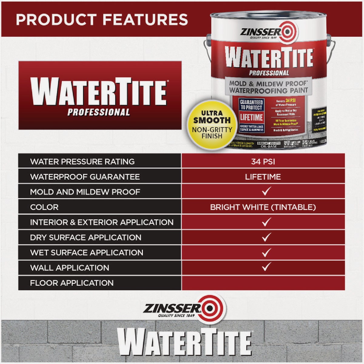 Zinsser WaterTite Professional Bright White Mold and Mildew-Proof Waterproofing Paint, 1 Gal. Image 3