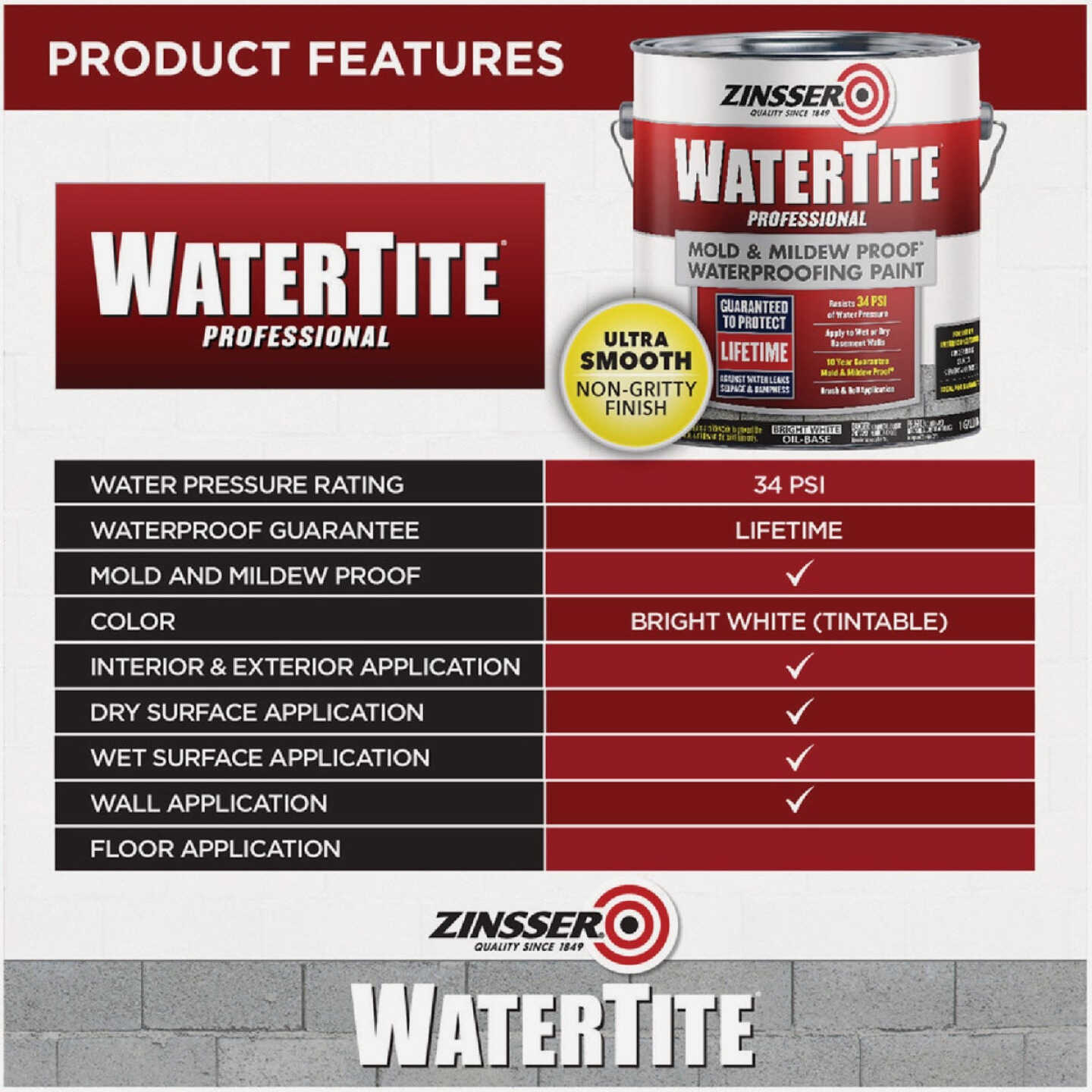 Zinsser WaterTite Professional Bright White Mold and Mildew-Proof Waterproofing Paint, 1 Gal. Image 3