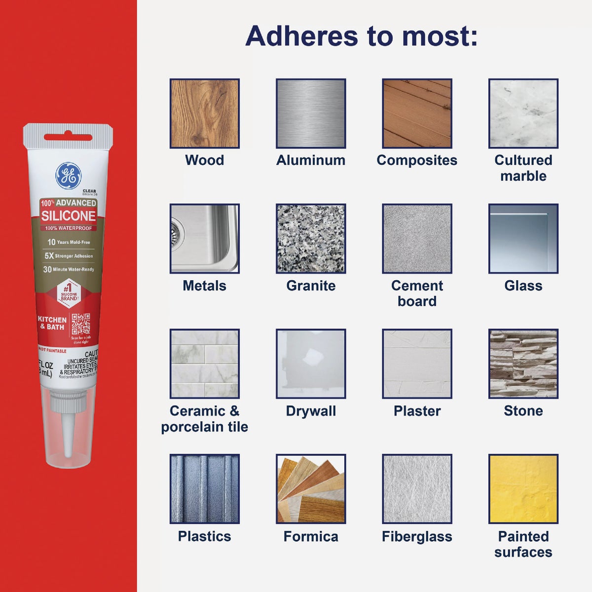 GE Advanced Silicone Kitchen & Bath Sealant, White, 2.8  Oz. Tube Image 5