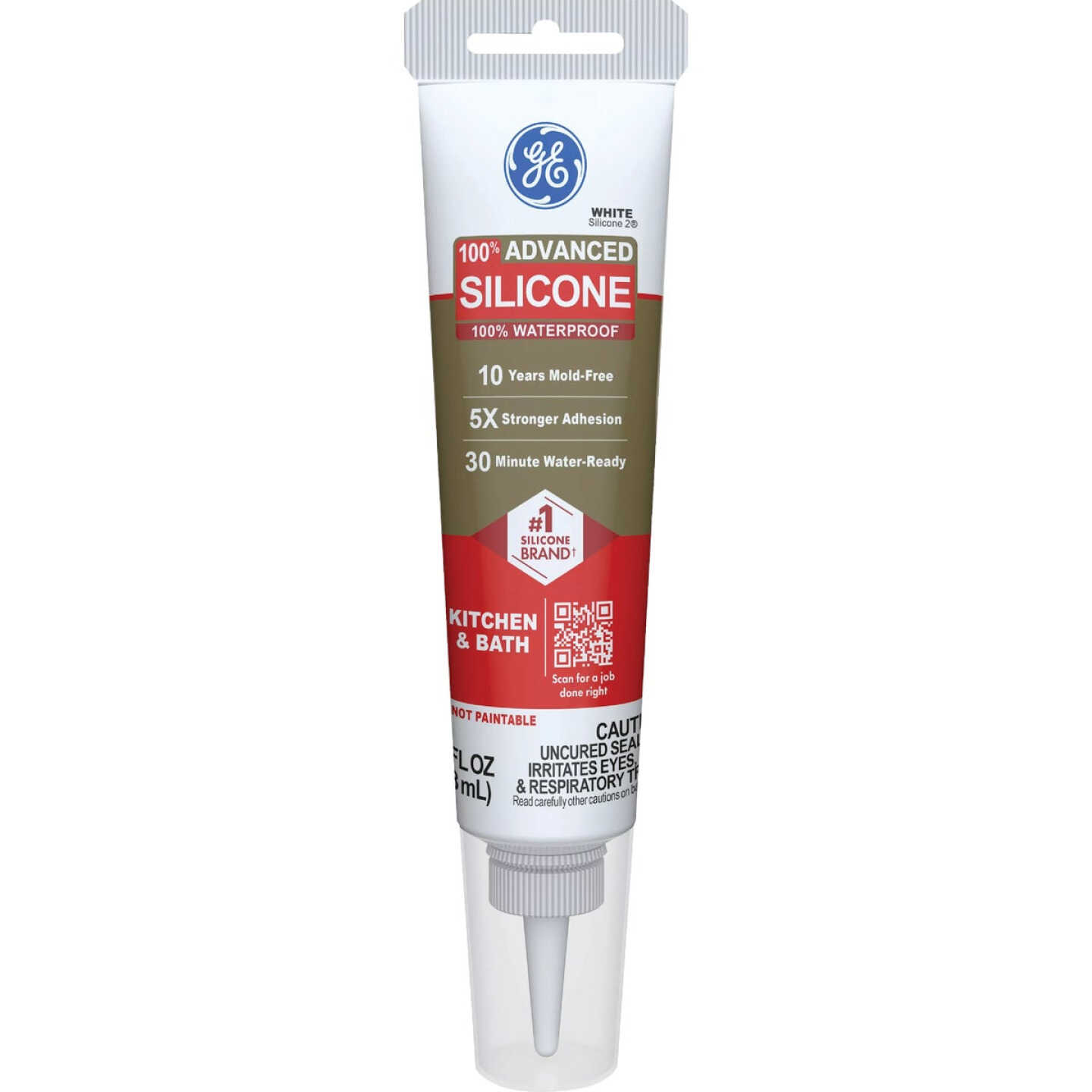 GE Advanced Silicone Kitchen & Bath Sealant, White, 2.8 Oz. Tube Image 1