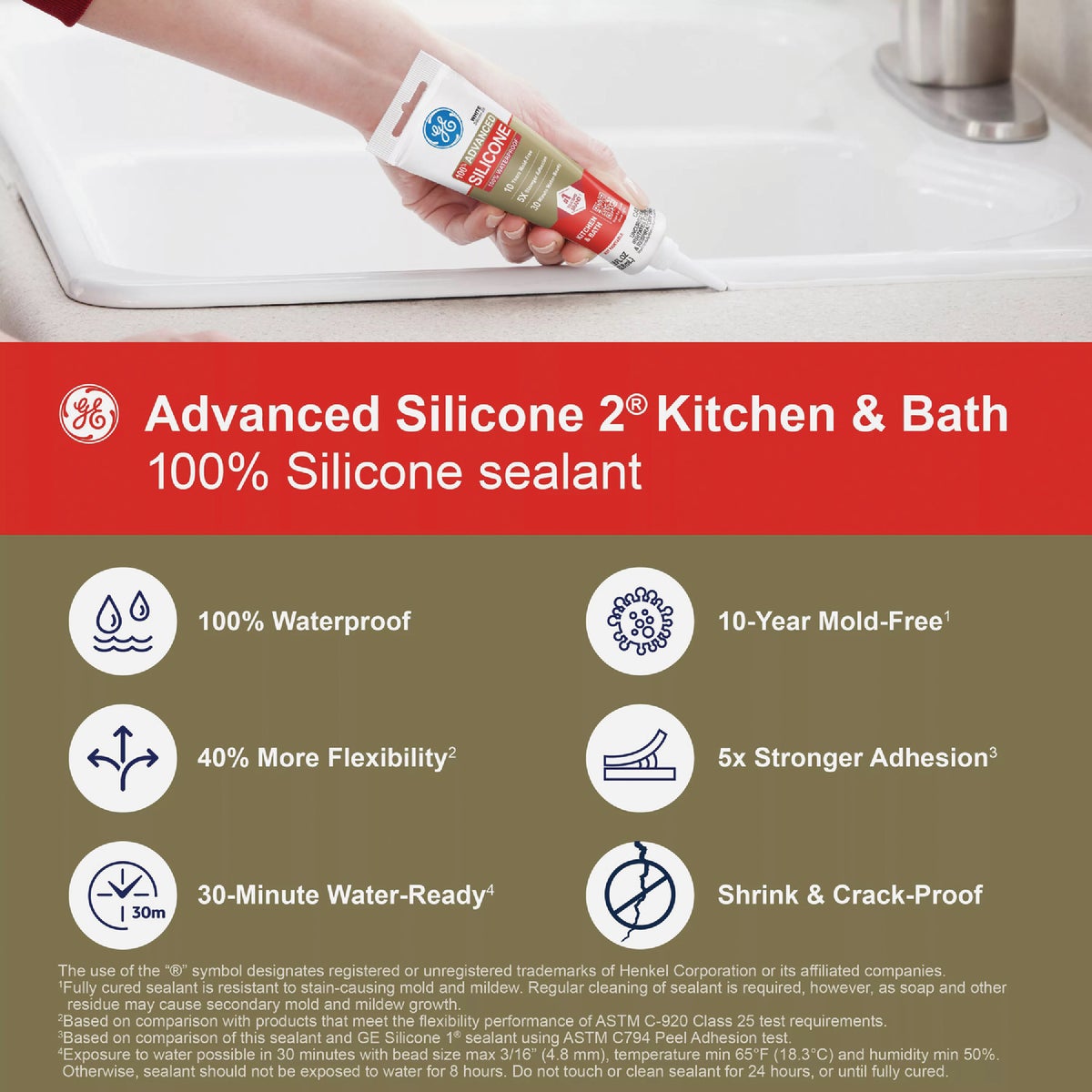 GE Advanced Silicone Kitchen & Bath Sealant, White, 2.8  Oz. Tube Image 4