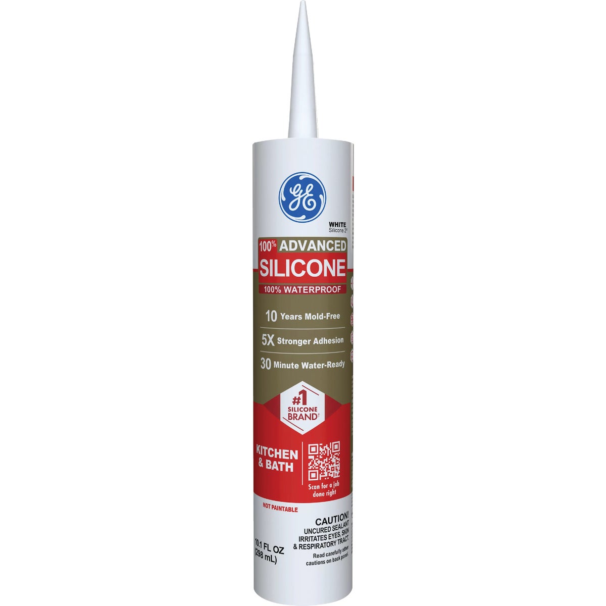 GE Advanced Silicone Kitchen & Bath Sealant, White, 10.1  Oz. Cartridge