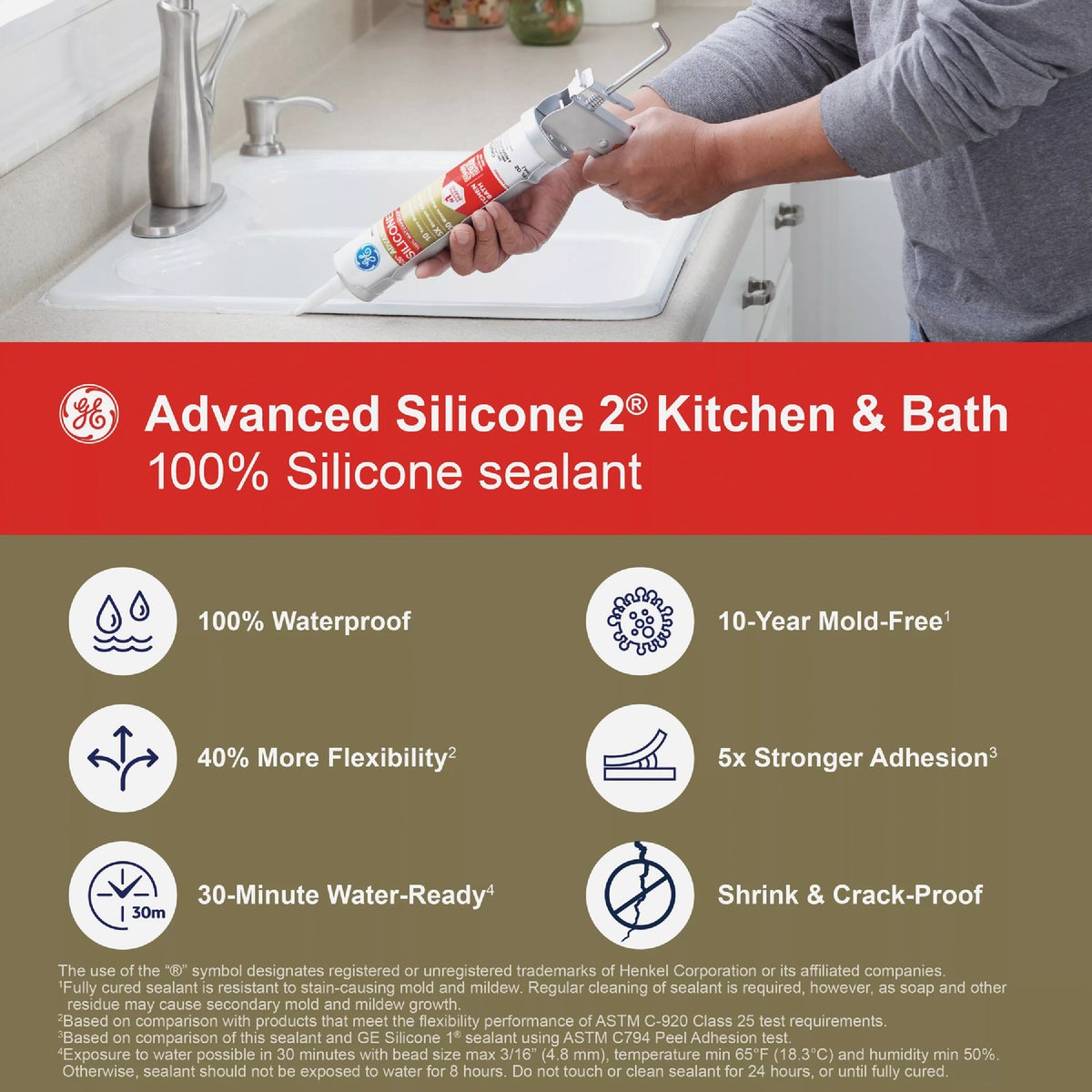 GE Advanced Silicone Kitchen & Bath Sealant, Almond, 10.1  Oz. Cartridge Image 4