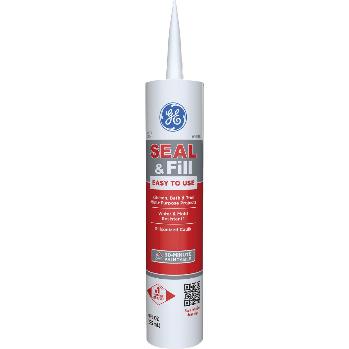 GE Seal & Fill Multi-Purpose Kitchen & Bath Sealant, White, 10 Oz. Cartridge
