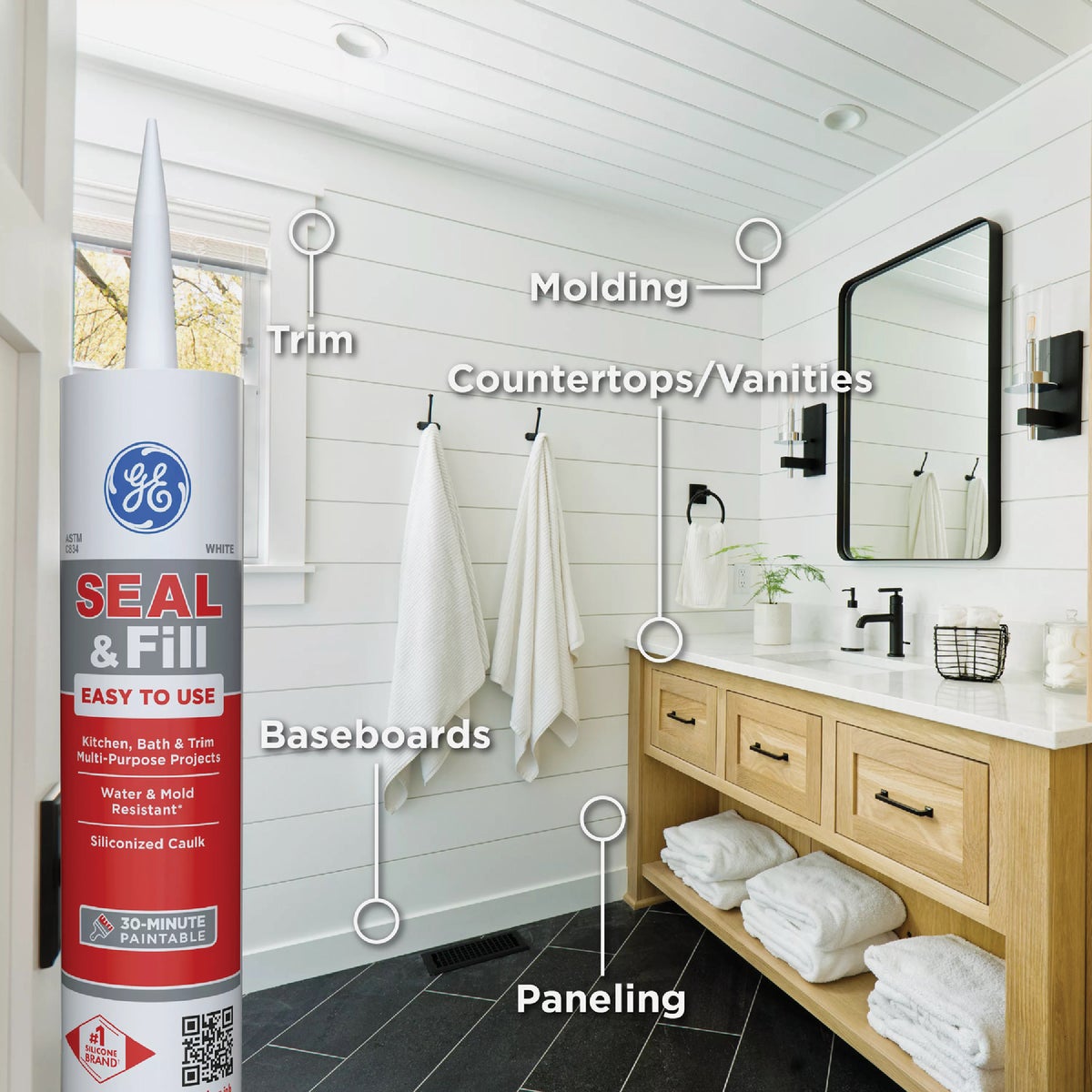 GE Seal & Fill Multi-Purpose Kitchen & Bath Sealant, White, 10 Oz. Cartridge Image 3