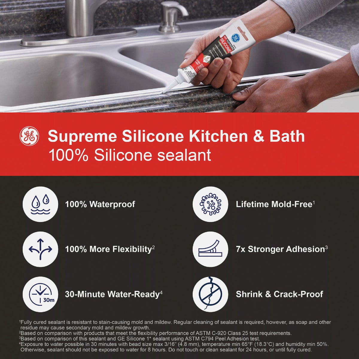 GE Supreme Silicone Kitchen & Bath Sealant, White, 2.8  Oz. Tube Image 3
