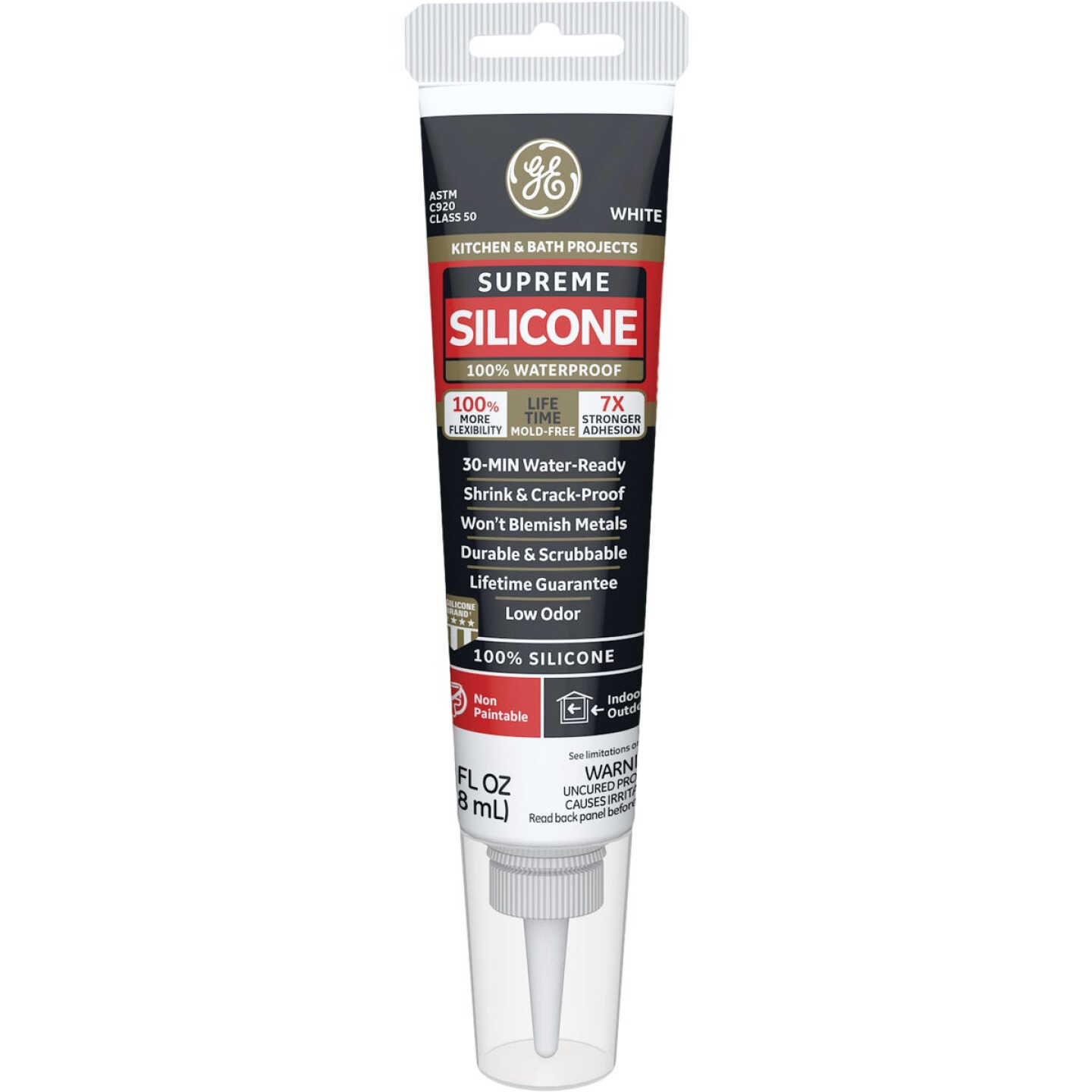 GE Supreme Silicone Kitchen & Bath Sealant, White, 2.8 Oz. Tube Image 1