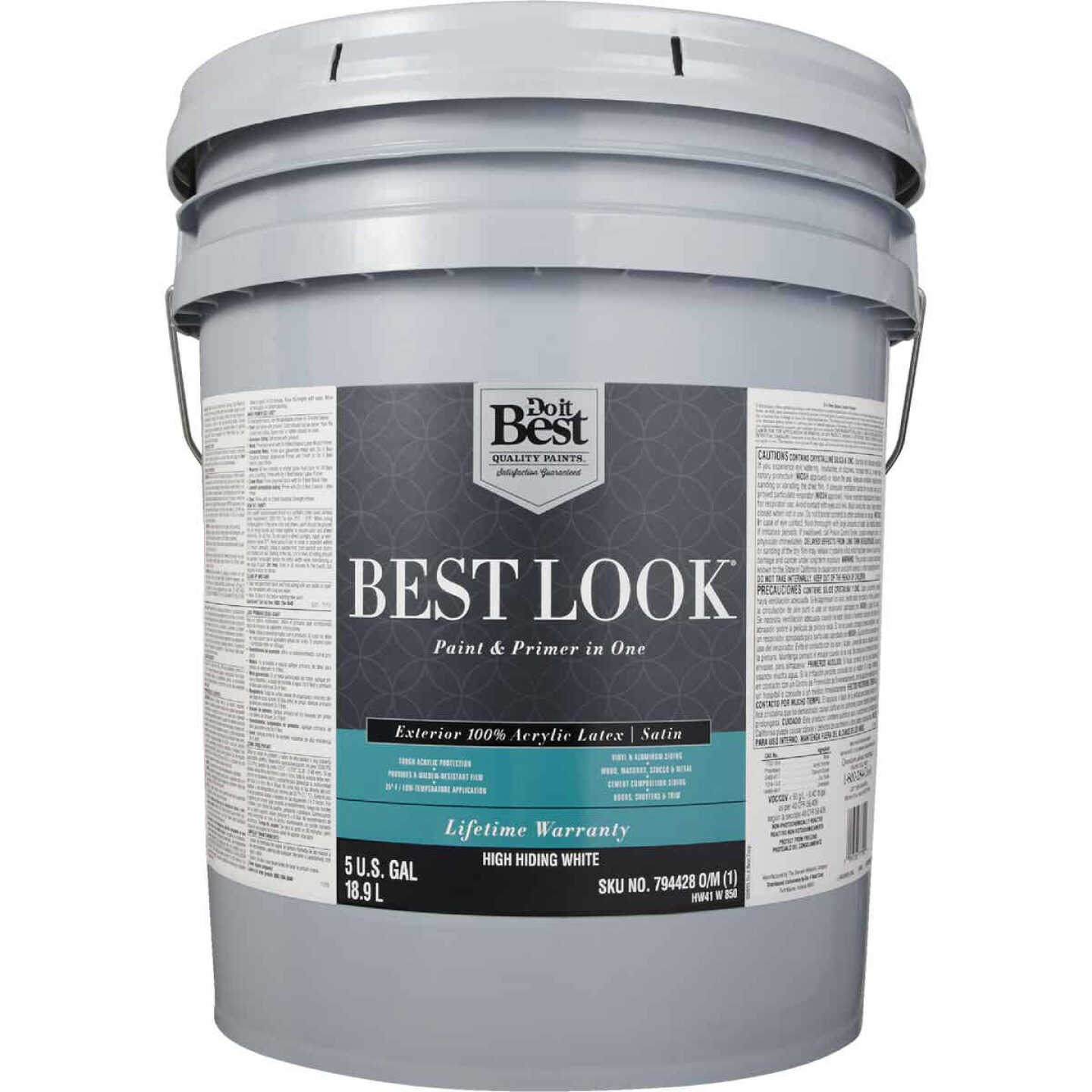 Best Look 100% Acrylic Latex Premium Paint & Primer In One Satin Exterior House Paint, High Hiding White, 5 Gal. Image 2
