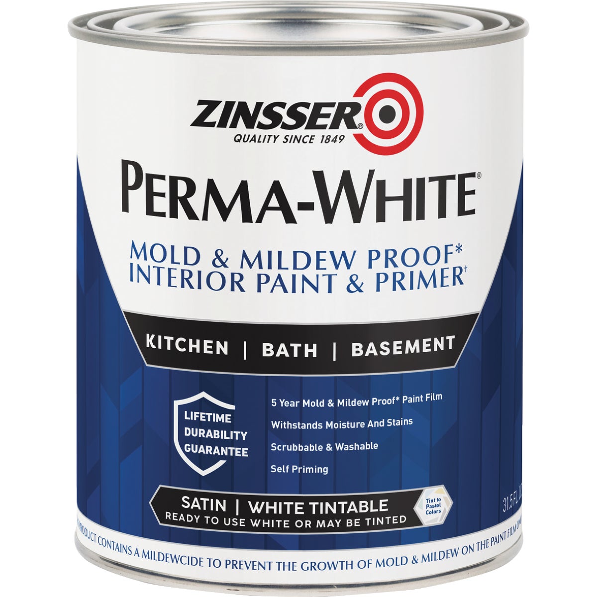 Zinsser Perma-White White-Tintable Satin Quart Mildew Paint