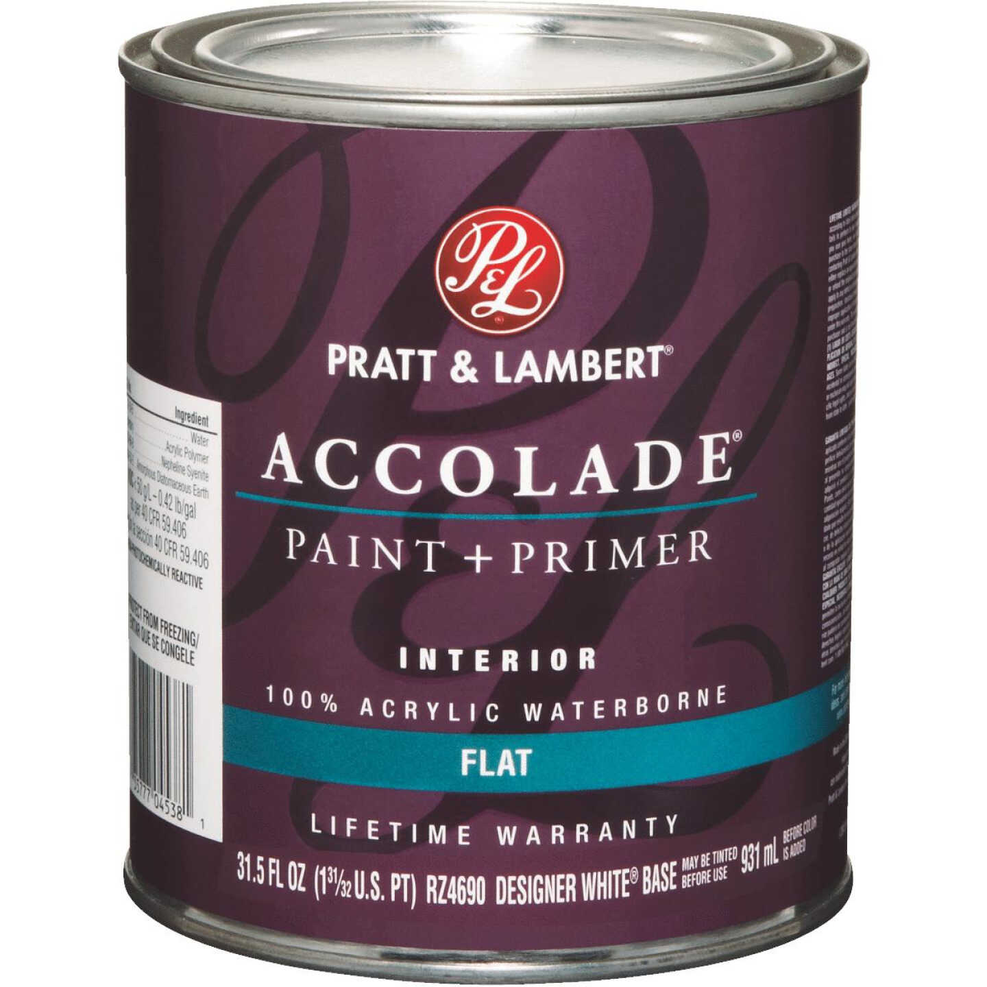 Pratt & Lambert Accolade 100% Acrylic Paint & Primer Flat Interior Wall Paint, Designer White, 1 Qt. Image 1