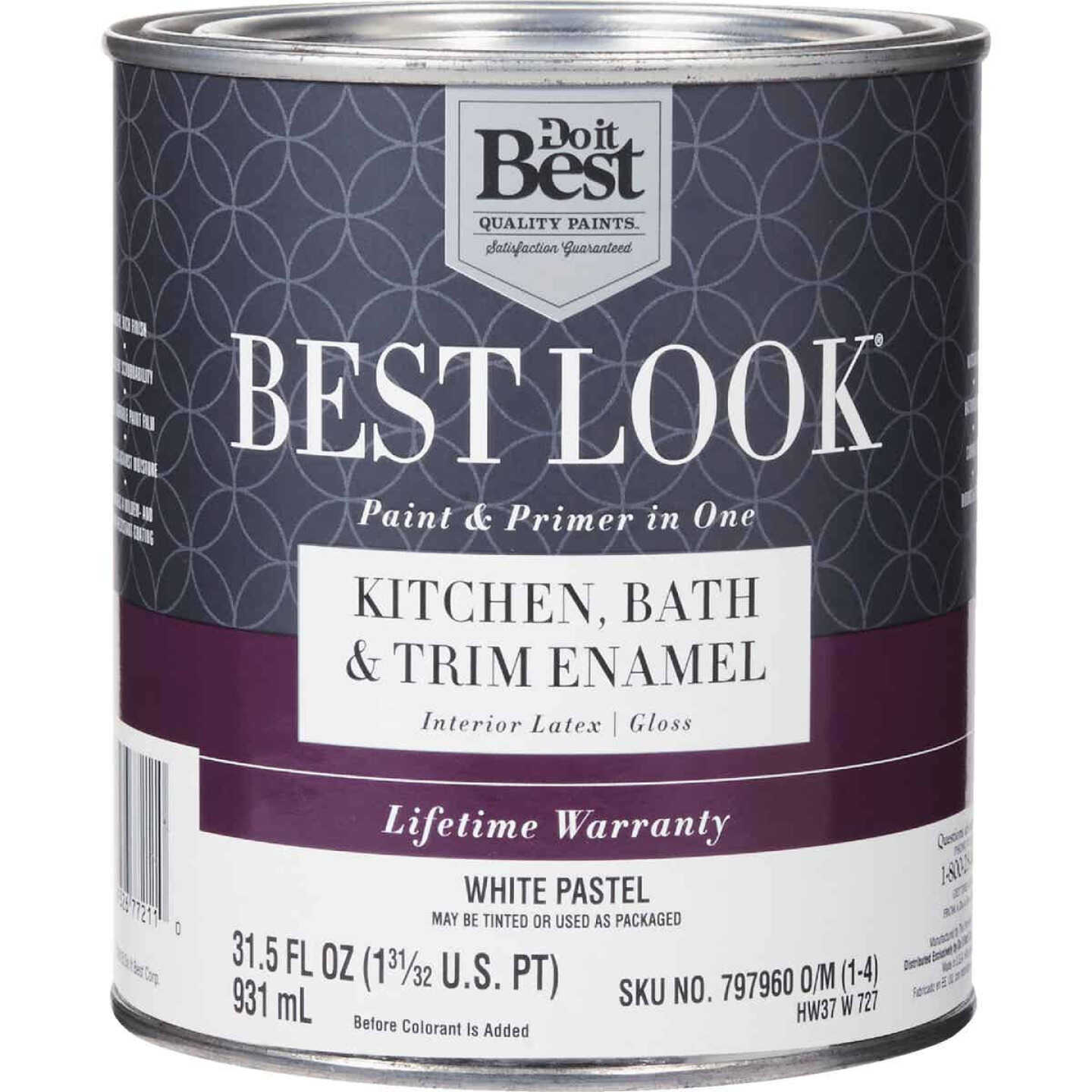 Best Look Latex Paint & Primer In One Kitchen Bath & Trim Enamel Gloss Interior Wall Paint, White-Pastel Base, 1 Qt. Image 1