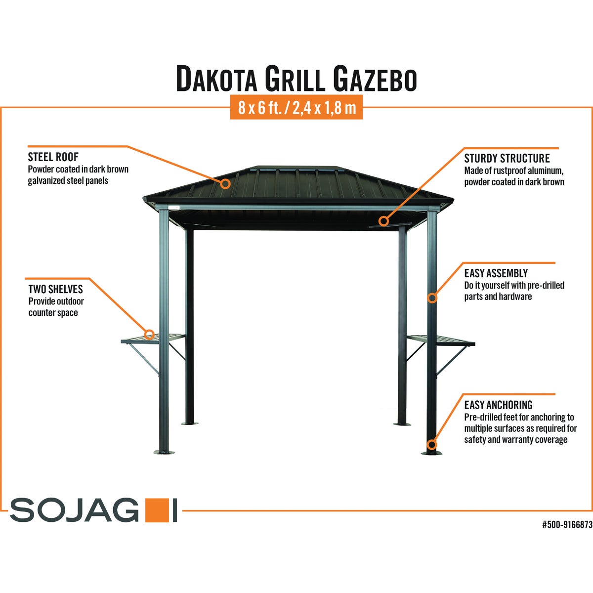 Sojag Dakota 6 Ft. x 8 Ft. Brown Powder-Coated Metal Grill Gazebo with Shelves Image 3